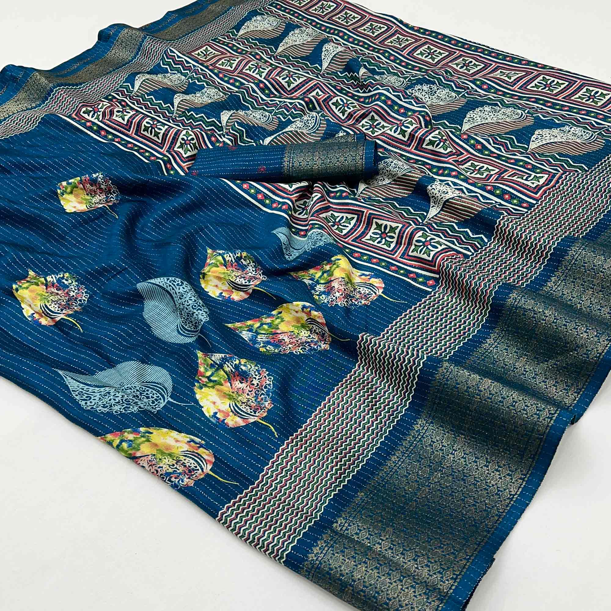Peachmode Dark Teal Floral Printed Dola Silk Saree With Jacquard Border