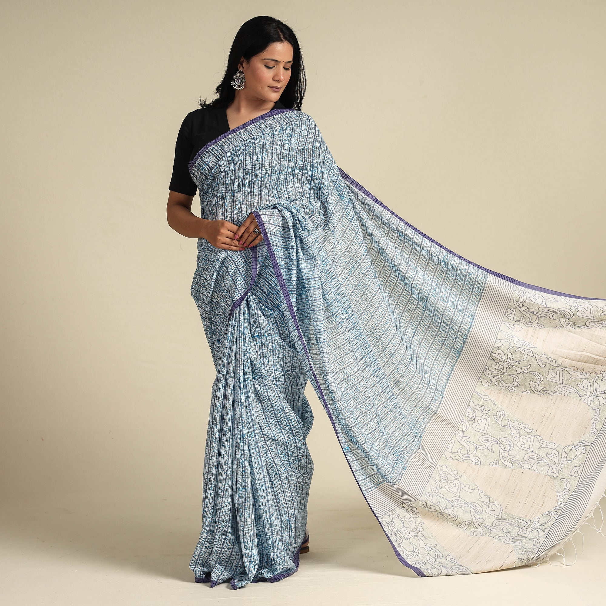 KHUSHBASH - HAPPY LOOM OF EAST Blue - Bengal Kantha Hand Embroidery Handloom Cotton Saree with Tassels 18