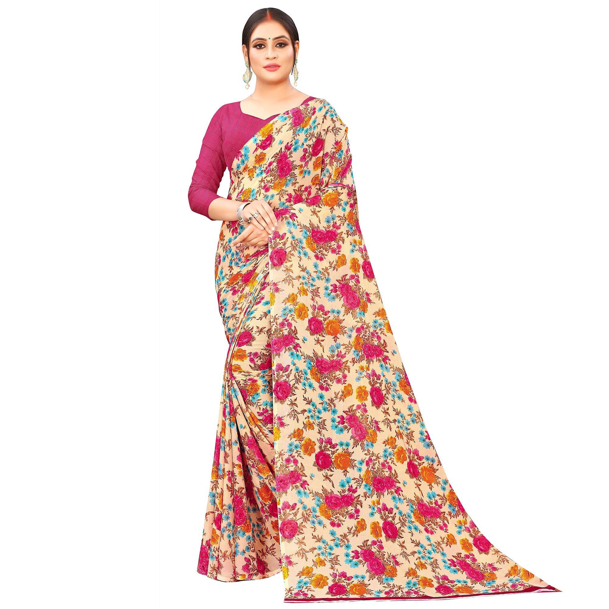 Peachmode Cream Casual Wear Floral Printed Georgette Saree