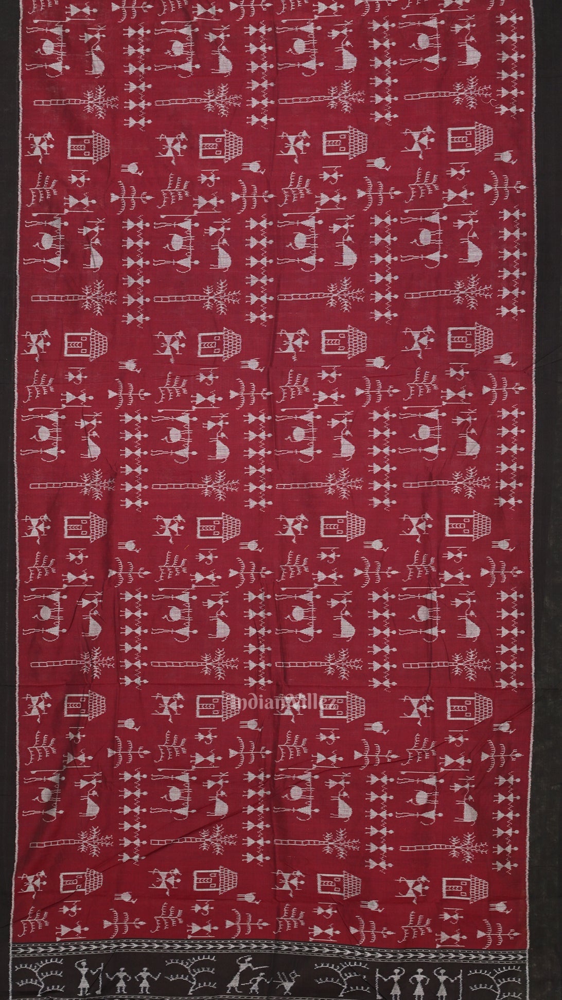 IndianVillèz Maroon Black Tribal Theme Odisha Ikat Sambalpuri Cotton Saree - view 3