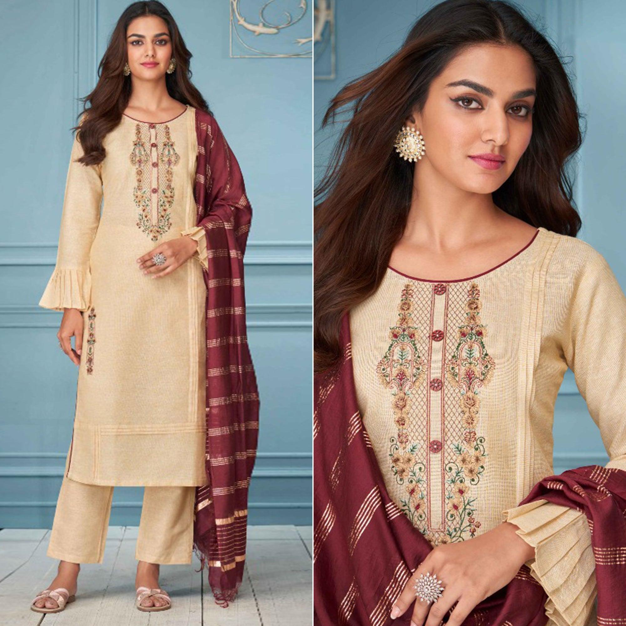Peachmode Cream Floral Embroidered Pure Cotton Kurti Pant Set With Dupatta