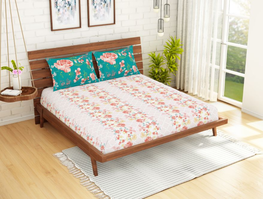 Spaces India Floral Rose Quartz - Light Pink 100% Cotton Queen Fitted Sheet - Atrium By Spaces