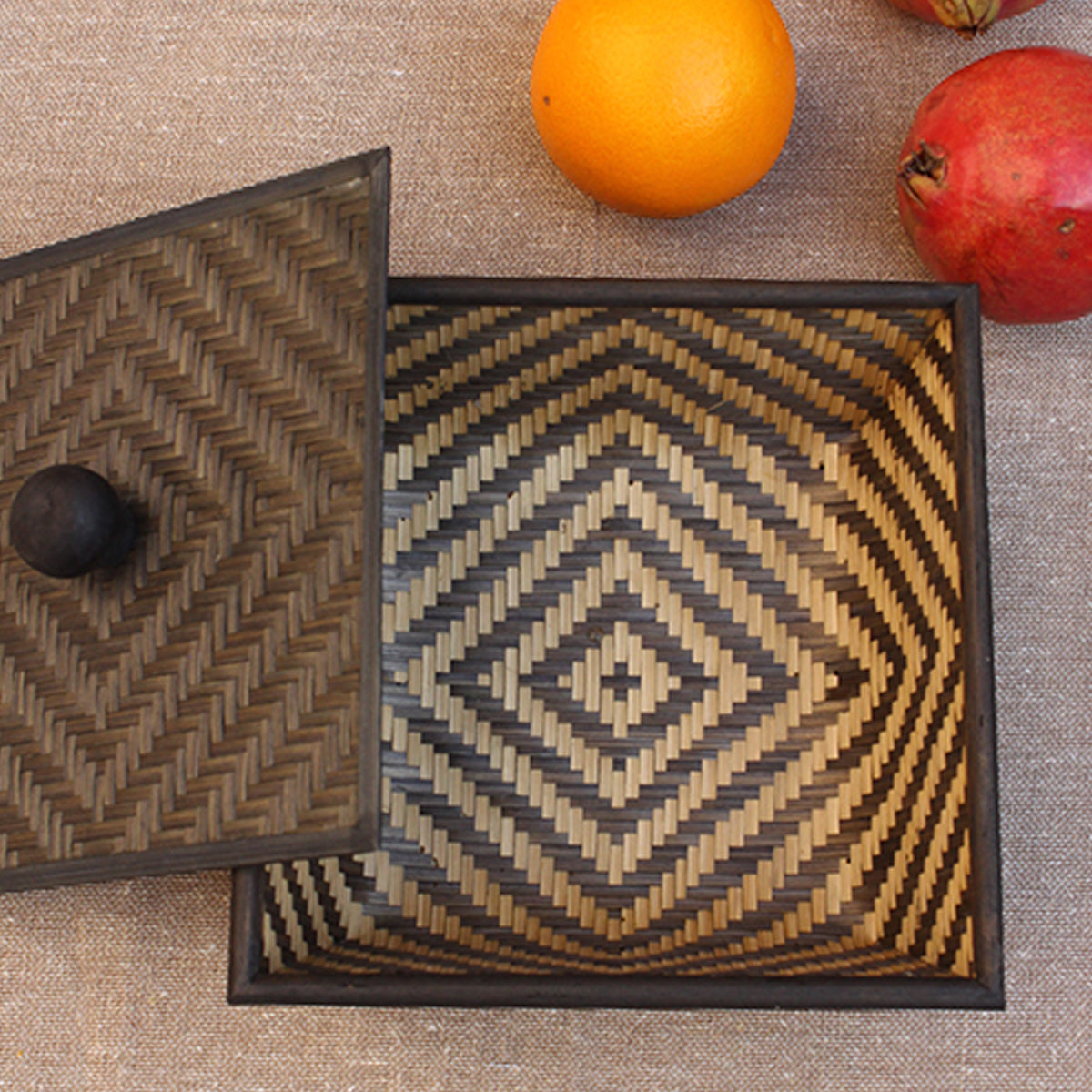 brown - Kadam Haat Handmade Bamboo Fruit Basket with Lid (Black) - view 2