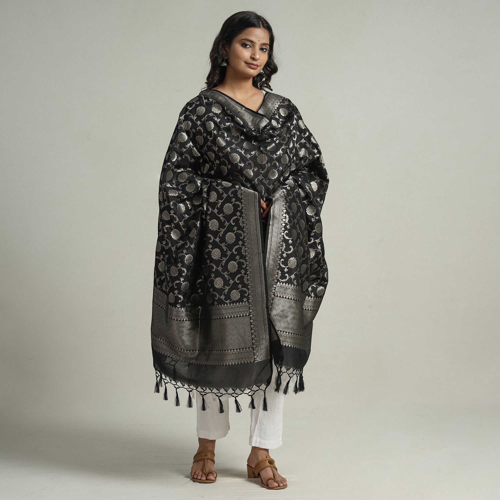 BANARASI BY MAQBUL HASAN Black - Banarasi Semi Silk Zari Jaal Dupatta with Tassels 80 - view 2