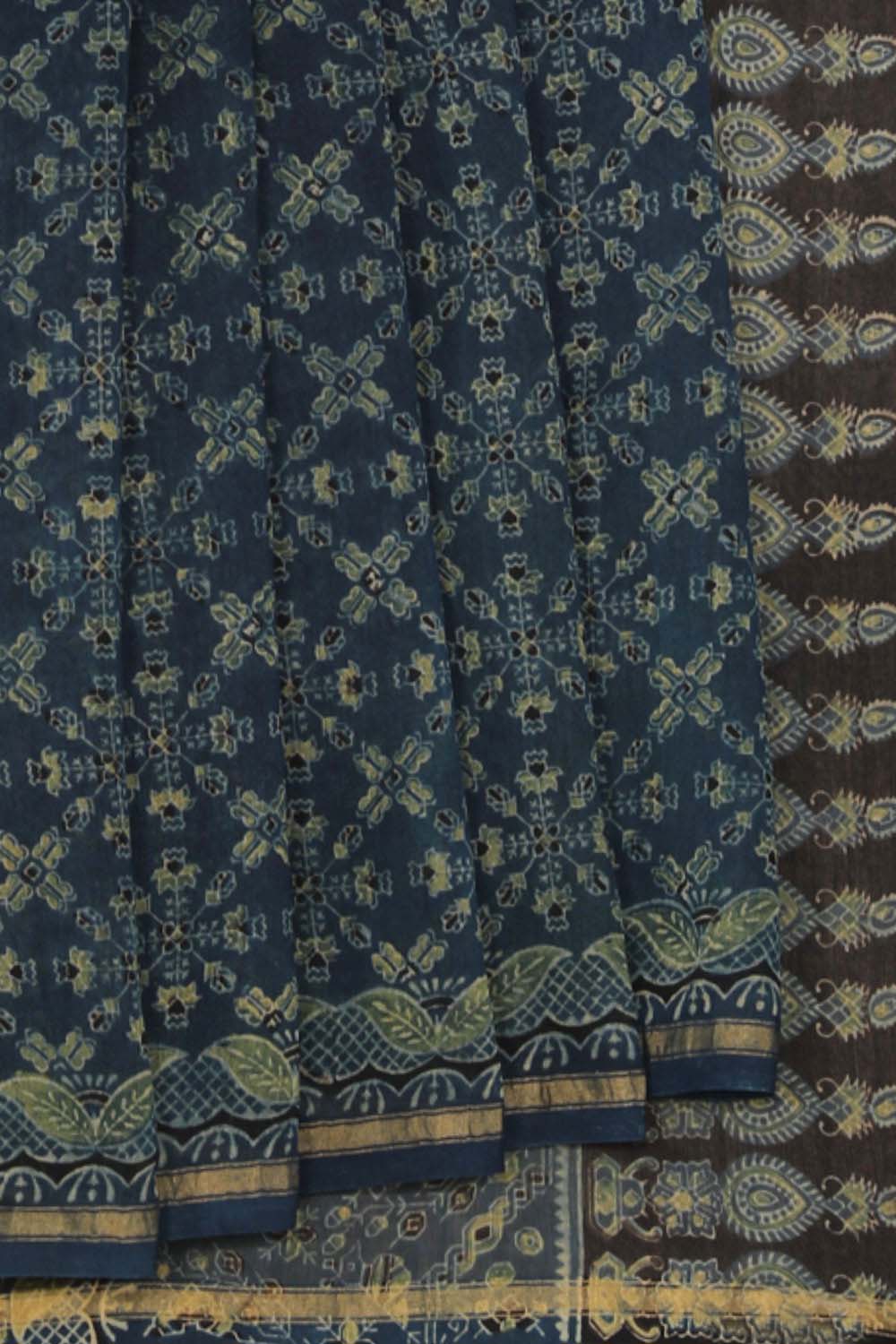 Kalanjali Ethnics Indigo blue Ajrakh handblockprinted Chanderi saree