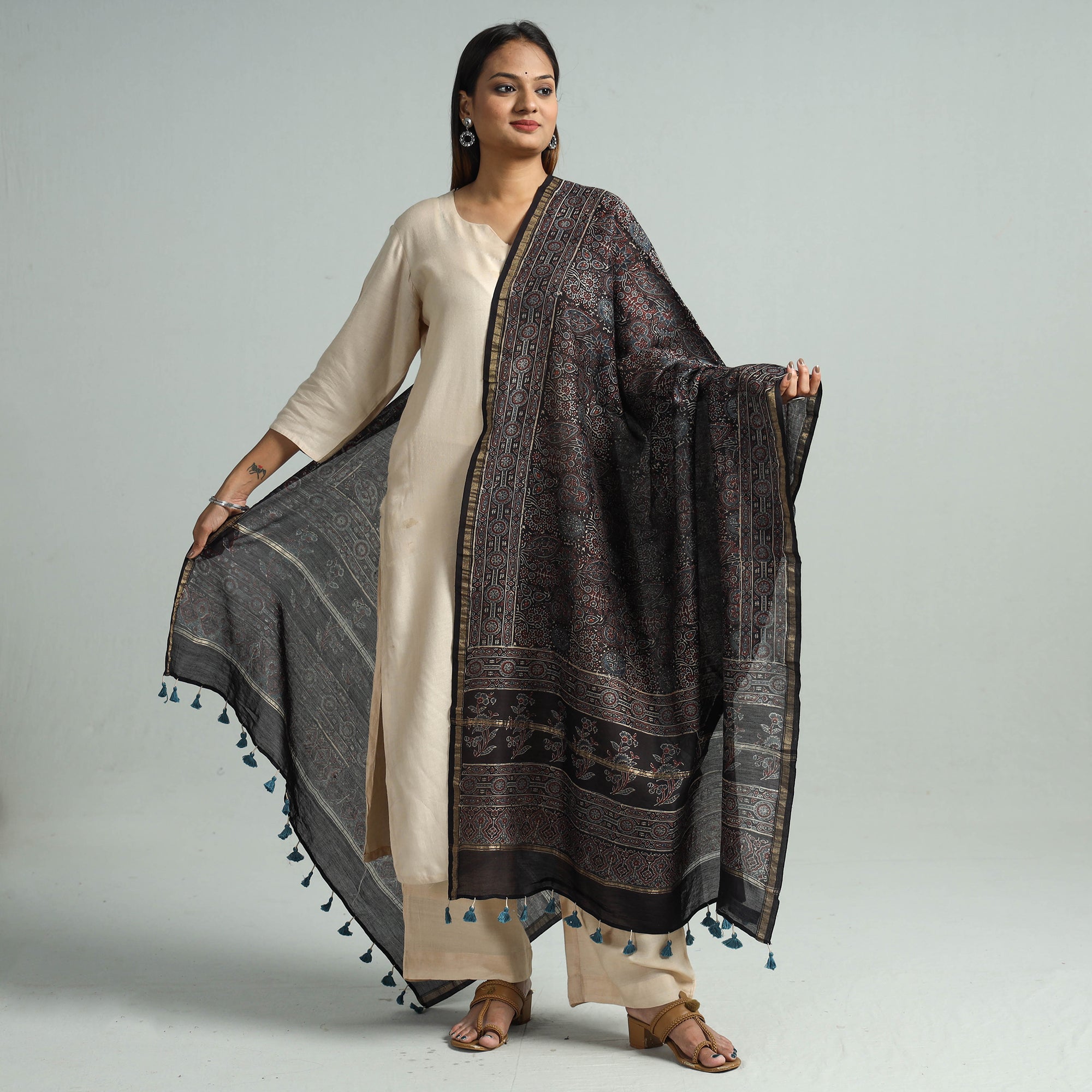 KACHCHH JI CHHAAP Black - Hand Block Print Chanderi Silk Ajrakh Dupatta 64