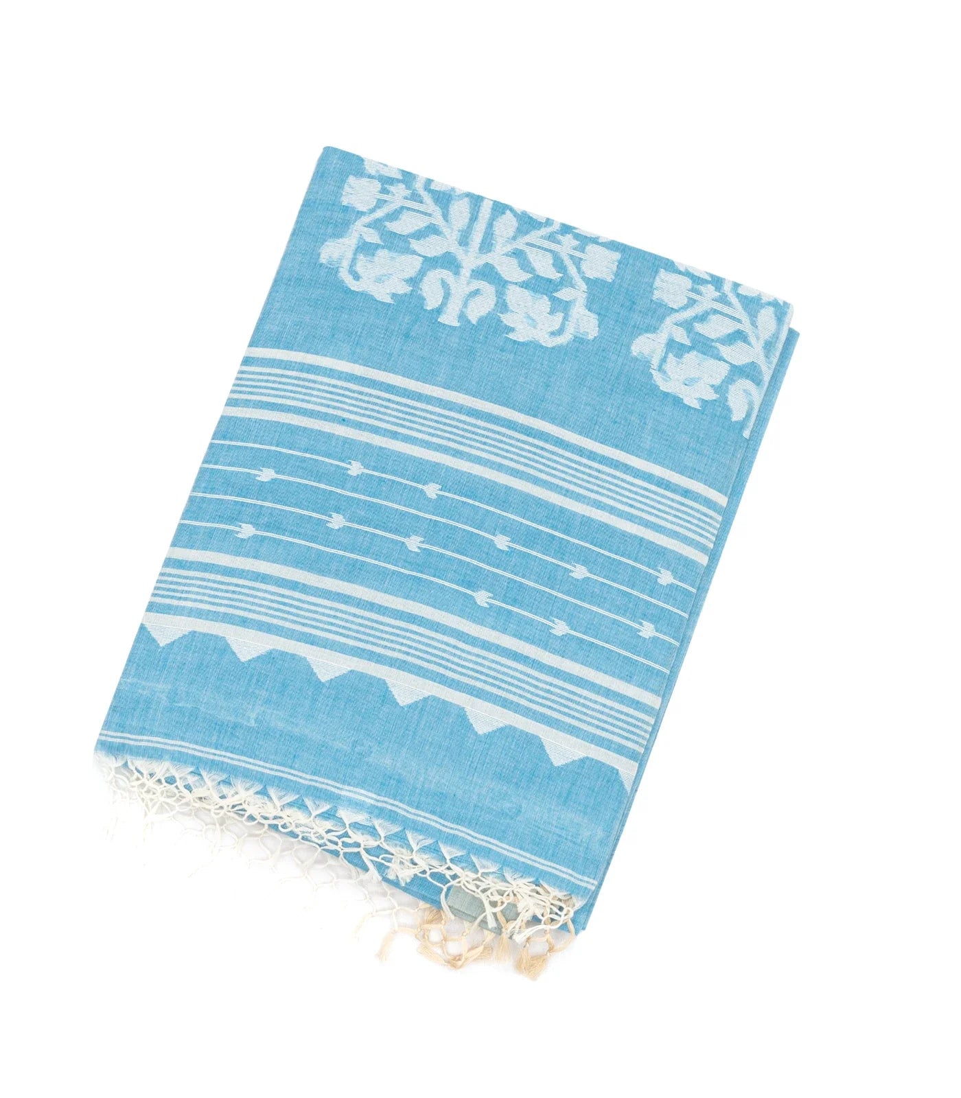 RmKV Light Blue Handloom Bengal Cotton Saree With Mango Buttas