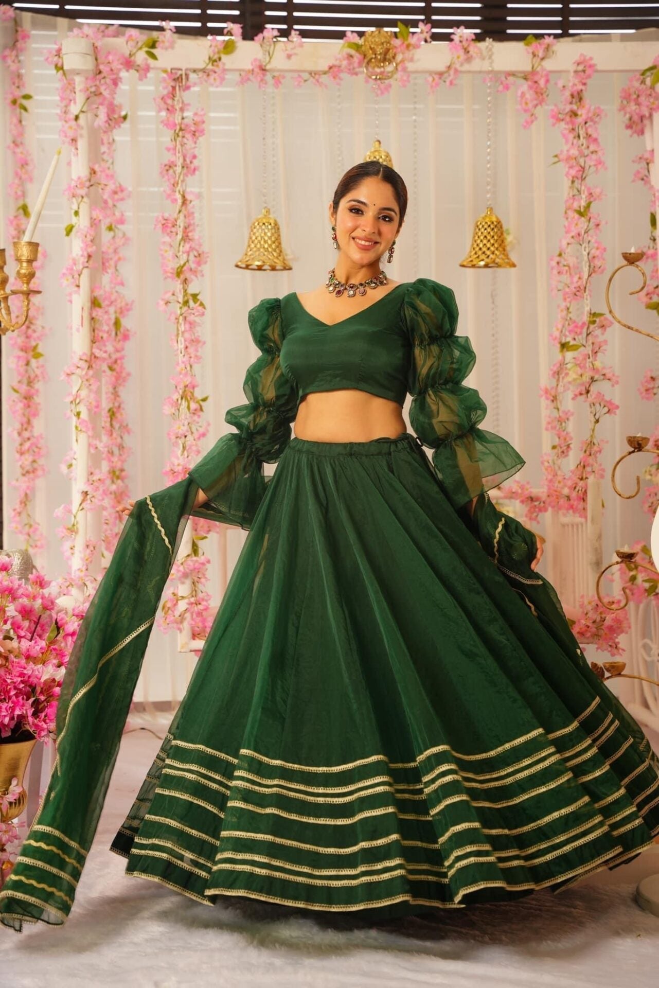 Idaho-o Royal green organza lehenga set – Women's