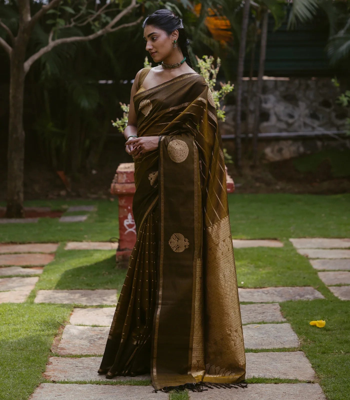 RmKV Dark Olive Handloom Silk Cotton Saree With Veldari stripes