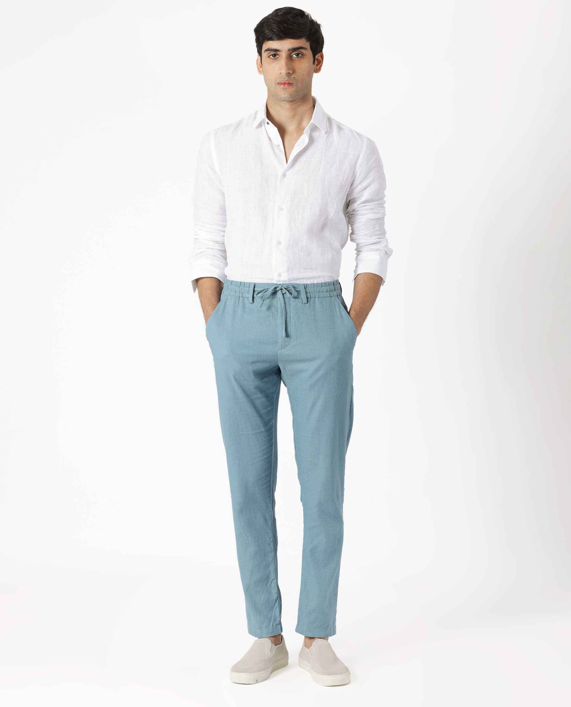 Rare Rabbit Men's Linac Dusky Blue Solid Drawstring With Elastic Waistband Regular Fit Linen Trouser - view 4