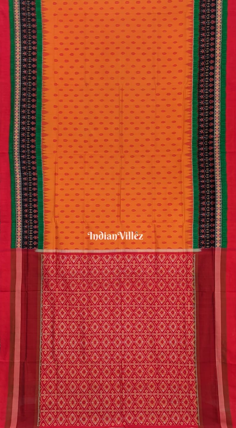 IndianVillèz Tangerine Geometric Ikat Border Sambalpuri Silk Saree