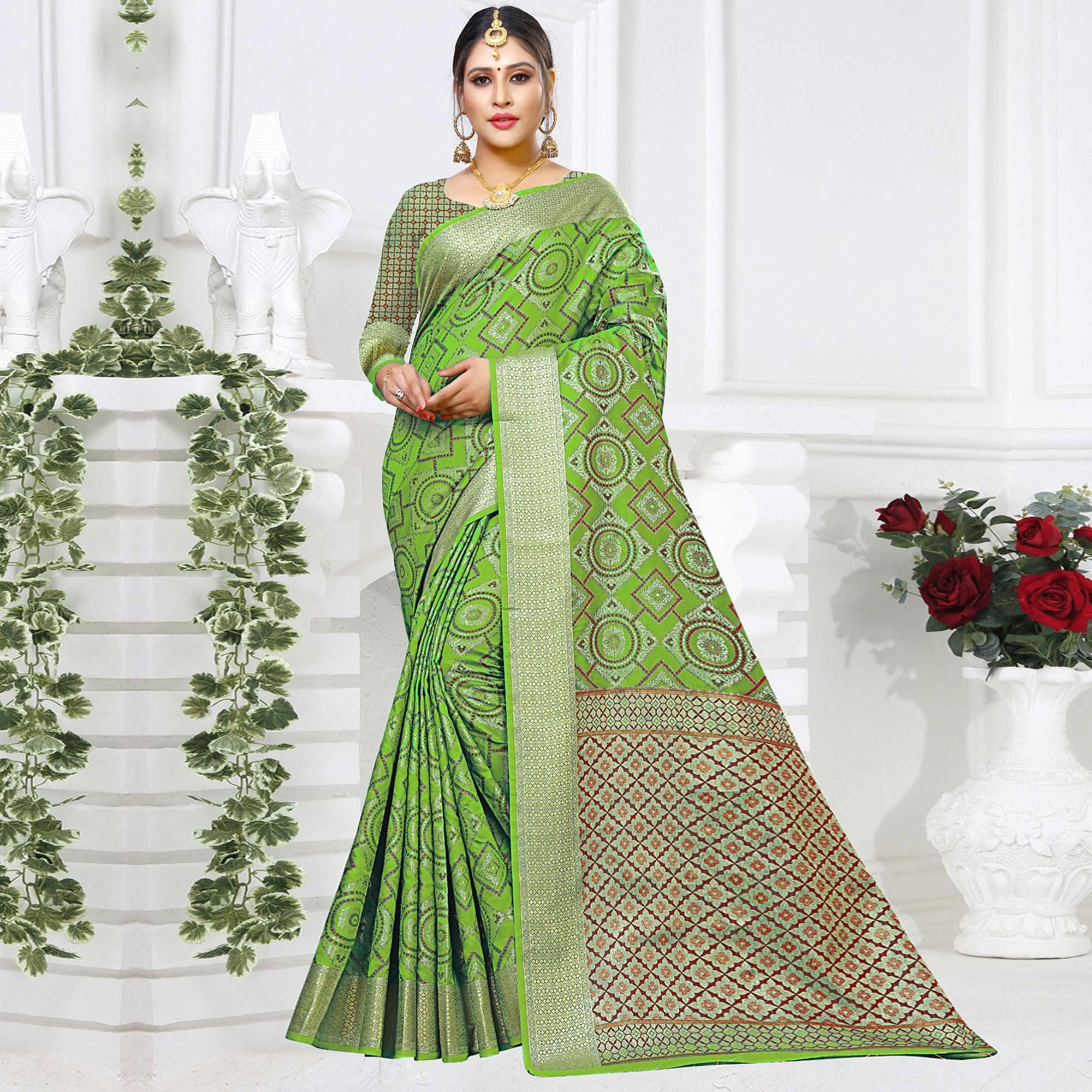 Peachmode Majesty Light Green Colored Festive Wear Woven Silk Saree