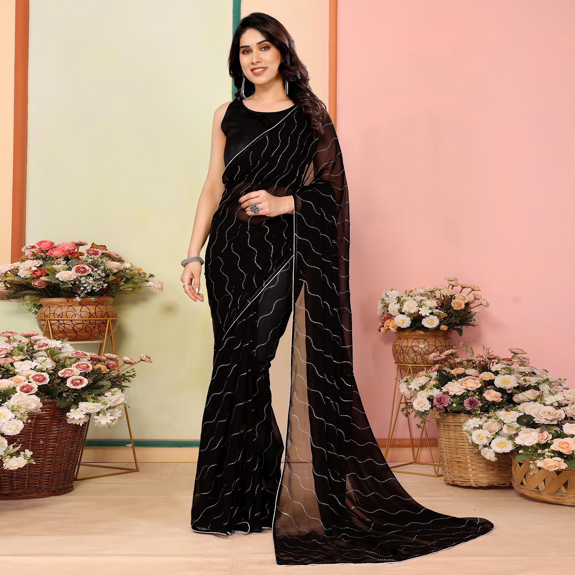 Peachmode Black Swarovski Work Embroidered Georgette Saree - view 2