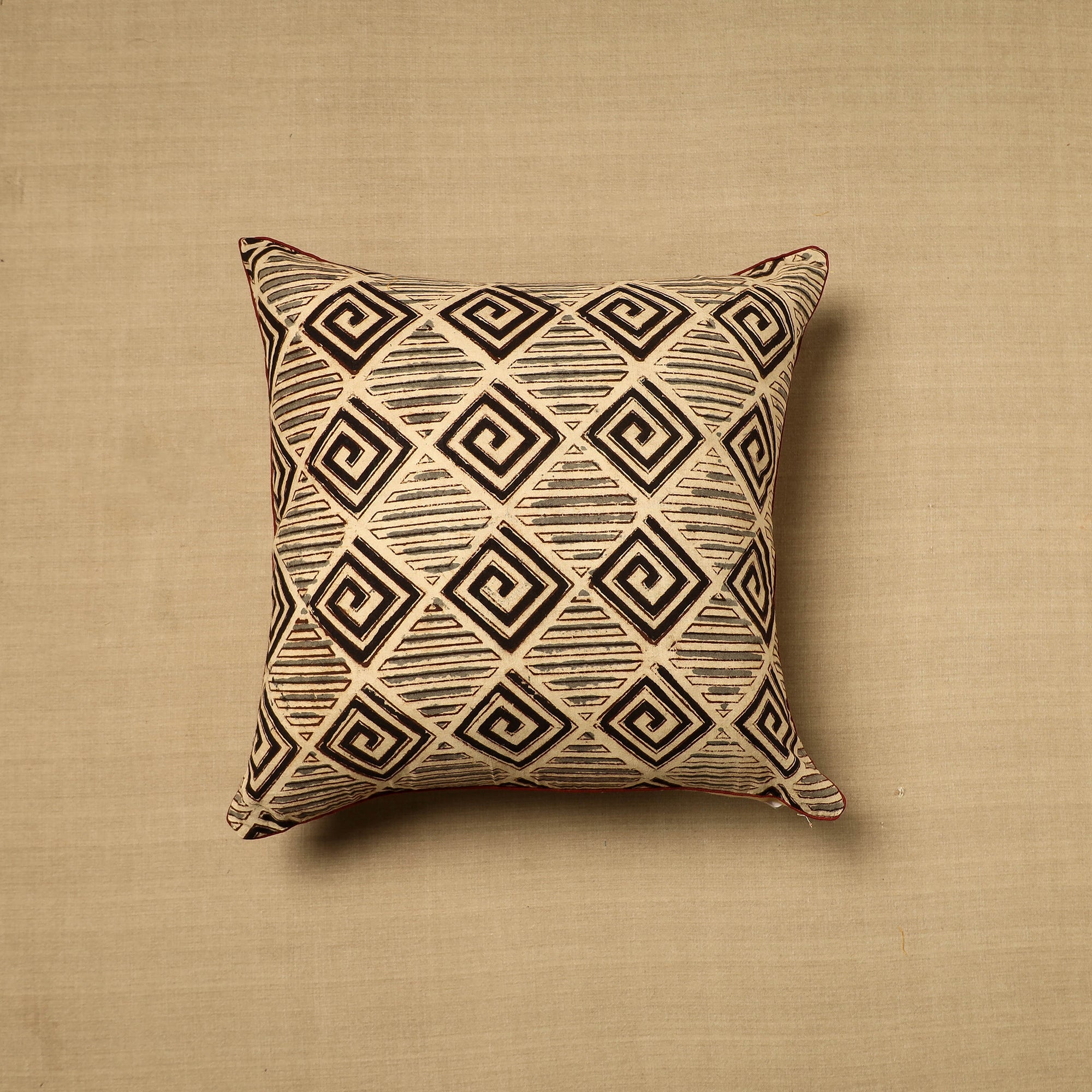 NOORI BAZAR Beige - Block Print Cotton Kalamkari Cushion Cover (16 x 16 in) 19