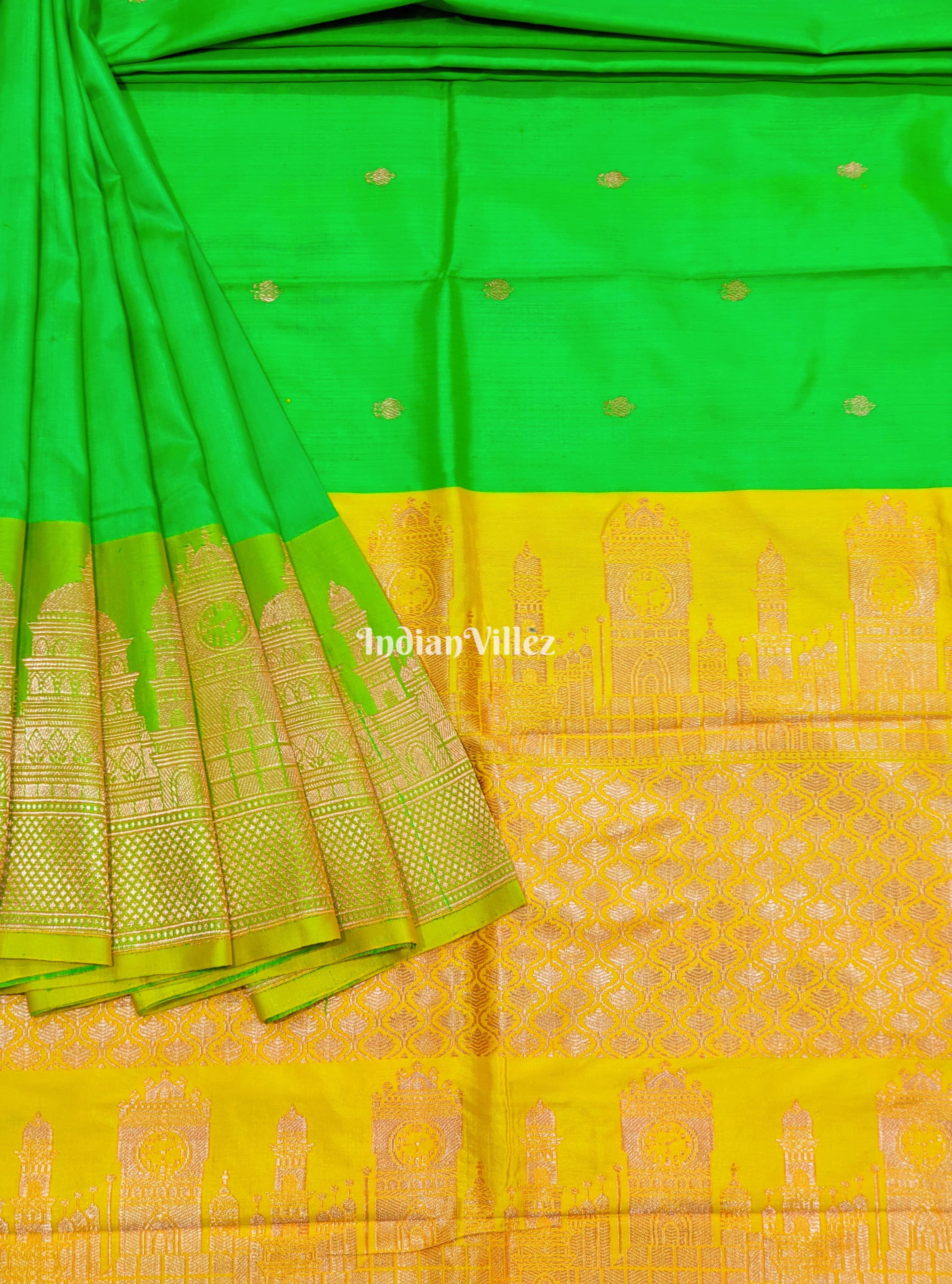 IndianVillèz Green Banarasi Katan Silk Saree Inspired by Big Ben, London & United States Capitol, Washington DC
