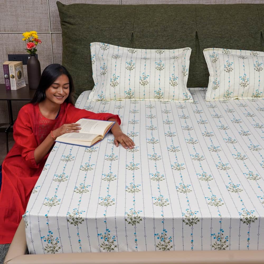 Urban Space -Home Furnishing Store Serene Collection - Breathable 200 TC 100% Pure Cotton Bedsheet with Pillow Cover, Sedum Blue