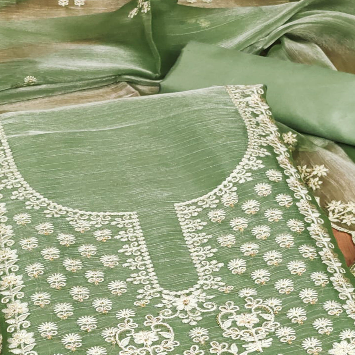 BlackTree green-floral-embroidered-burberry-zoya-silk-dress-material - view 2