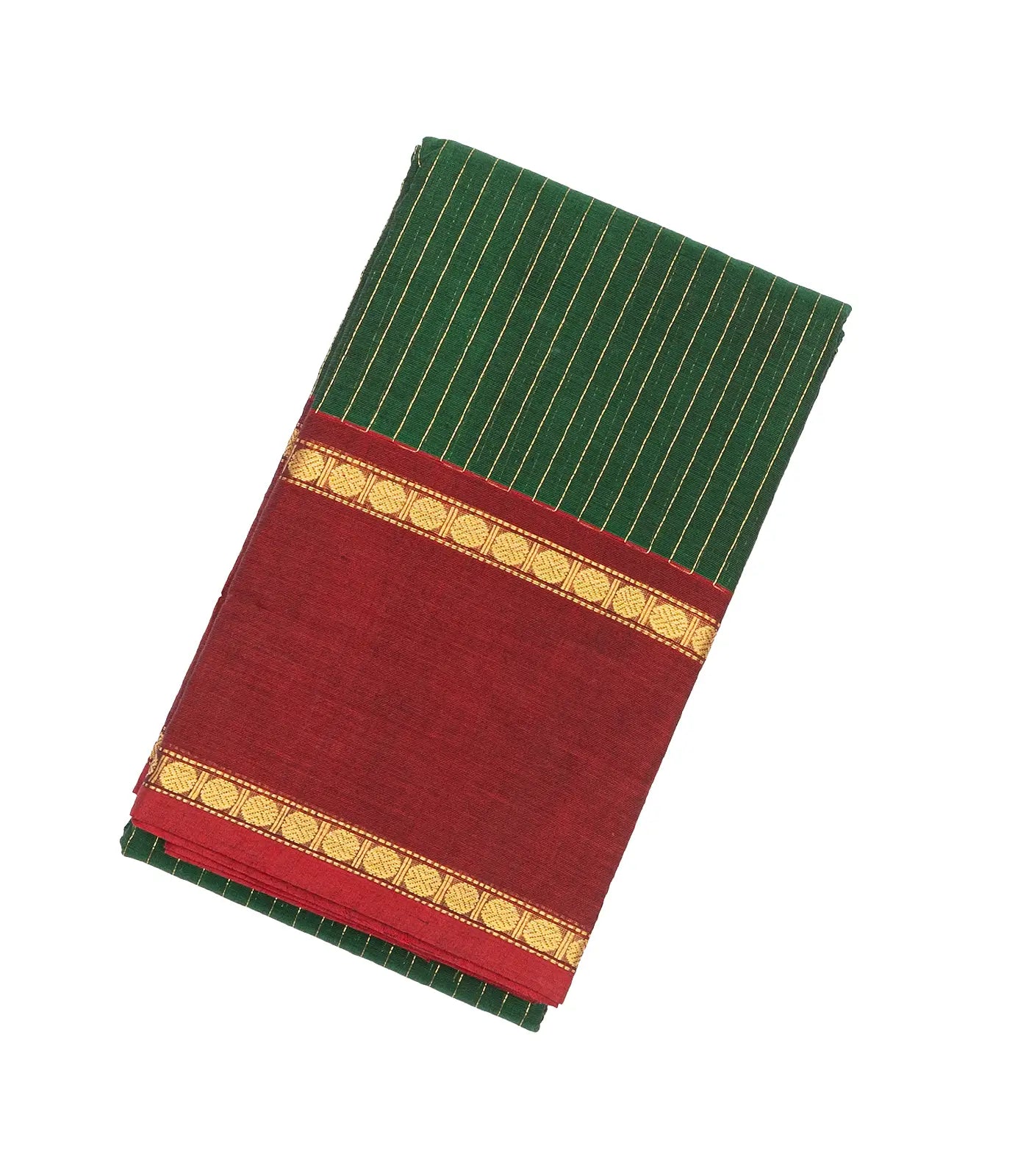 RmKV Dark Green Handloom Kanchi Cotton Saree With Zari Stirpes & Maroon Border