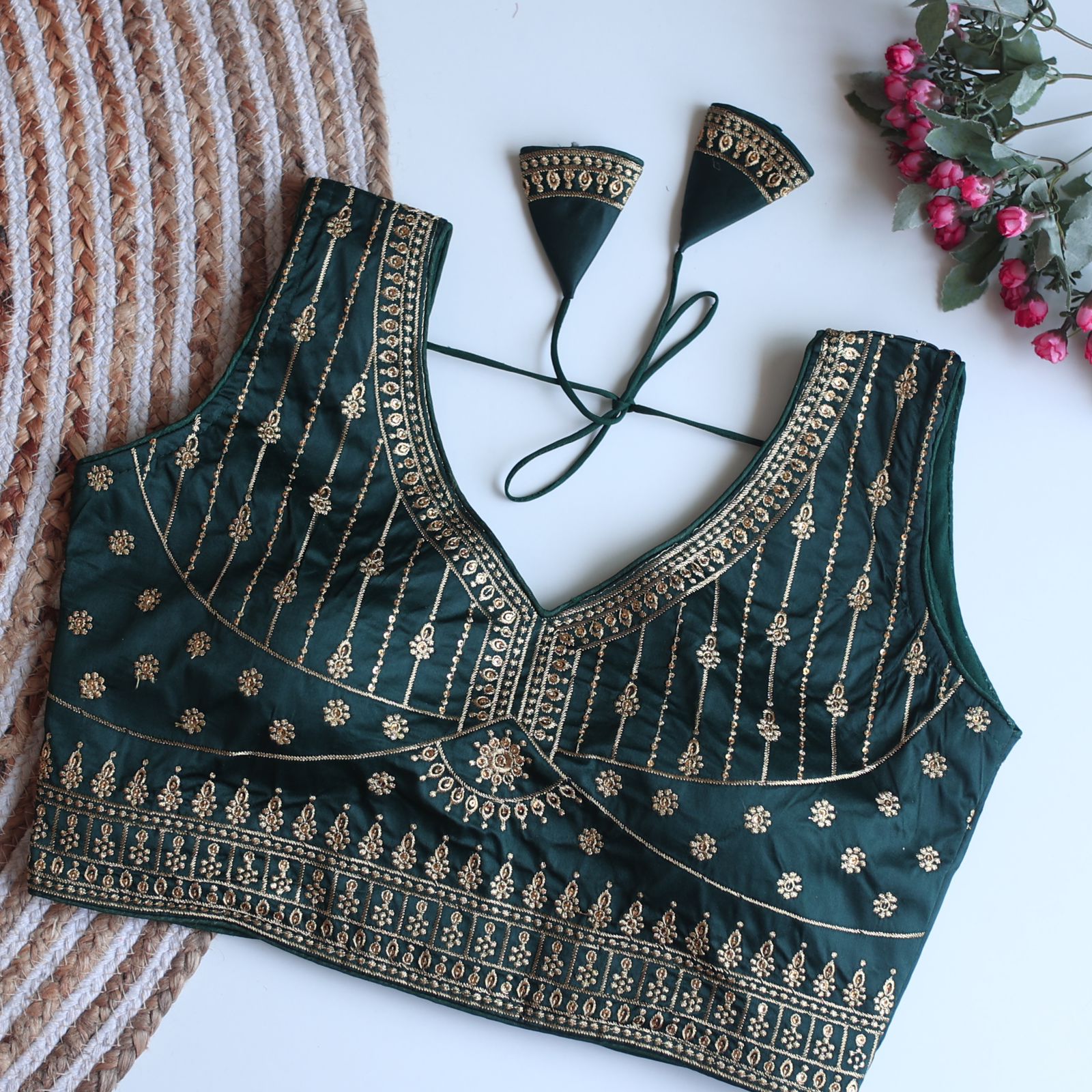 ClothsVilla Teal Blue Full Embroidery Monsoon Silk Blouse with Golden Sequin Design