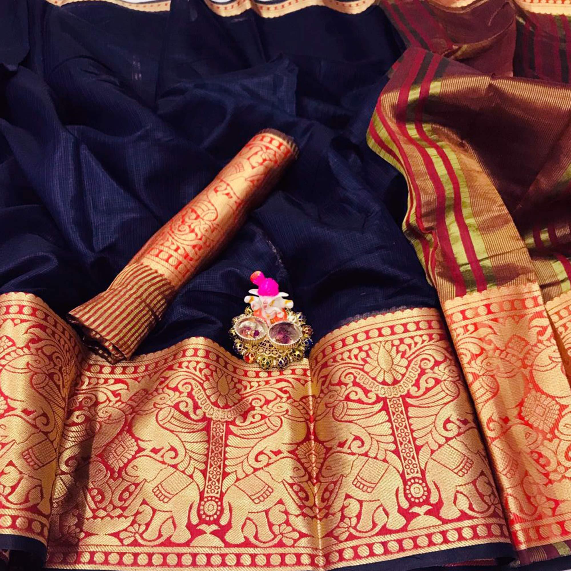 Navy sarees – BlackTree graceful-navy-blue-colored-festive-wear-woven-heavy-cotton-saree-98830