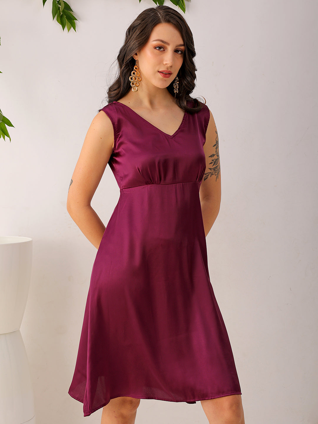 Freehand by The Indian Garage Co Women's Purple Fit and Flare Solid V neck Pinafore Dress - view 7