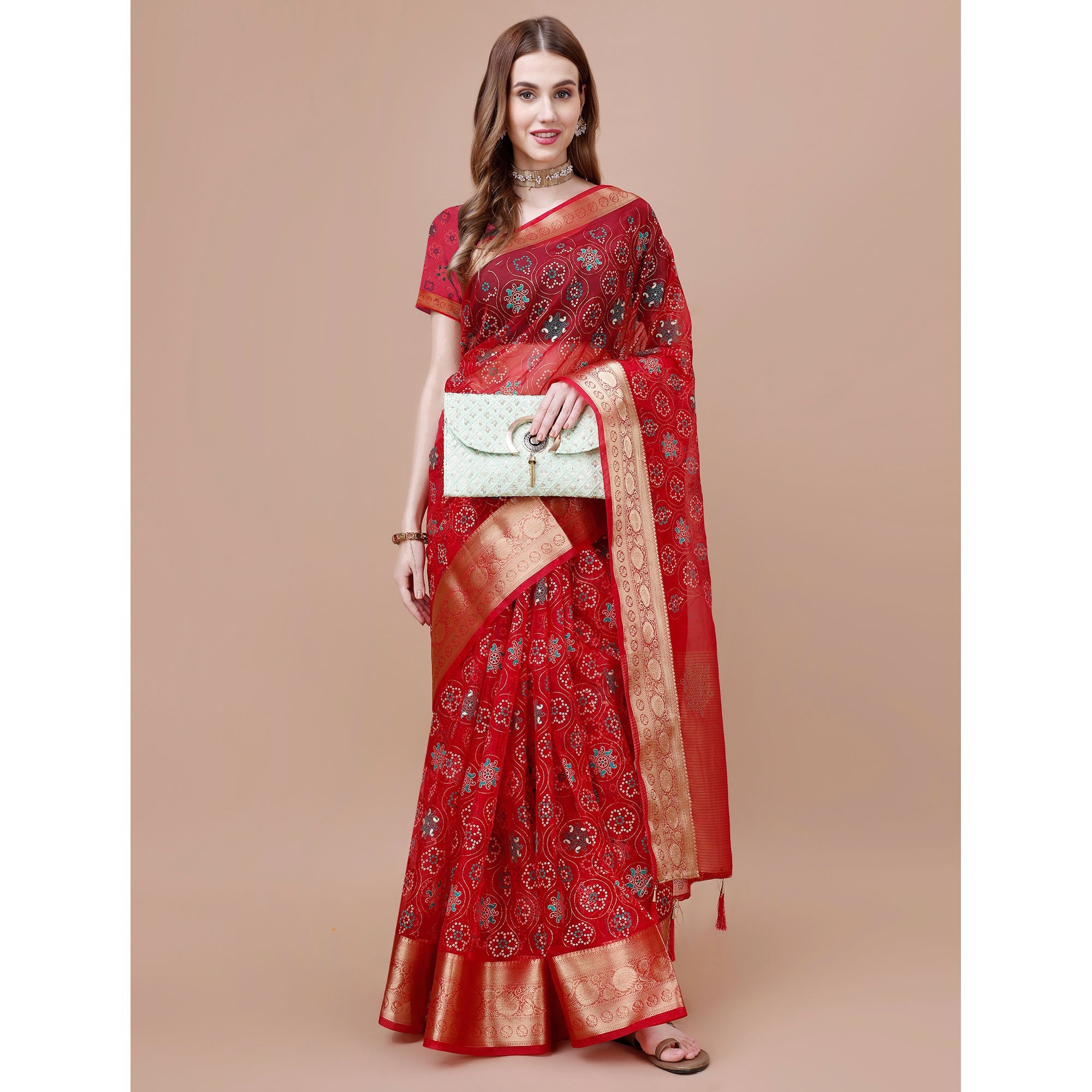 Peachmode Dark Red Bandhani Printed Organza Saree With Woven Border - view 6