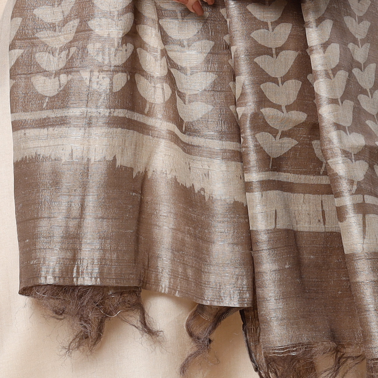 BINDAAS UNLIMITED Brown - Handloom Block Art Print Tussar Silk Bindaas Stole - view 3