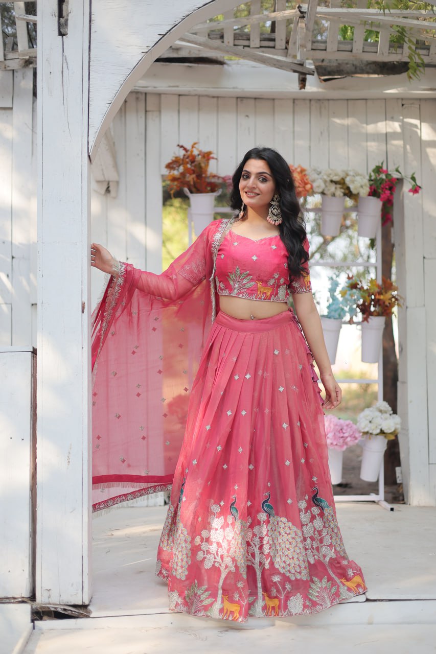 ClothsVilla Pink Elegant Gold Coin Lehenga Choli with Sequins & Thread Embroidery - view 4