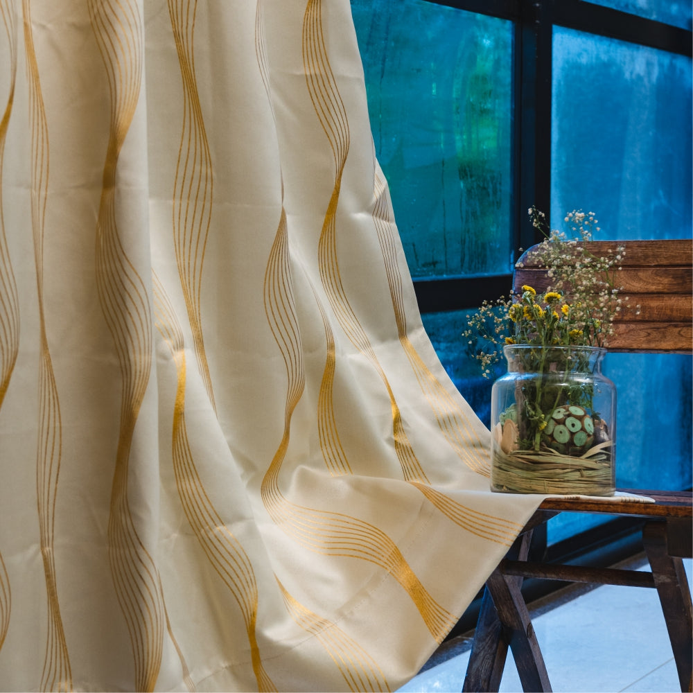 Urban Space -Home Furnishing Store Gold Foil Printed 80-85% Blackout Curtains - Pack of 1 - Double Wave - Beige