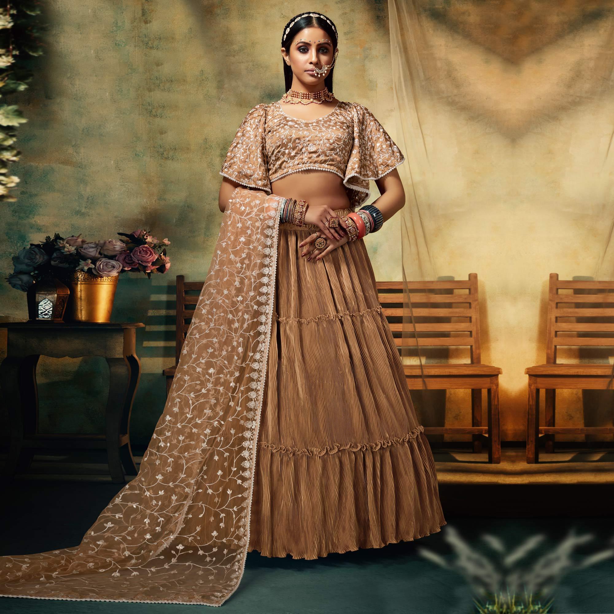 Peachmode Brown Solid Satin Lehenga Choli – Women's - view 2