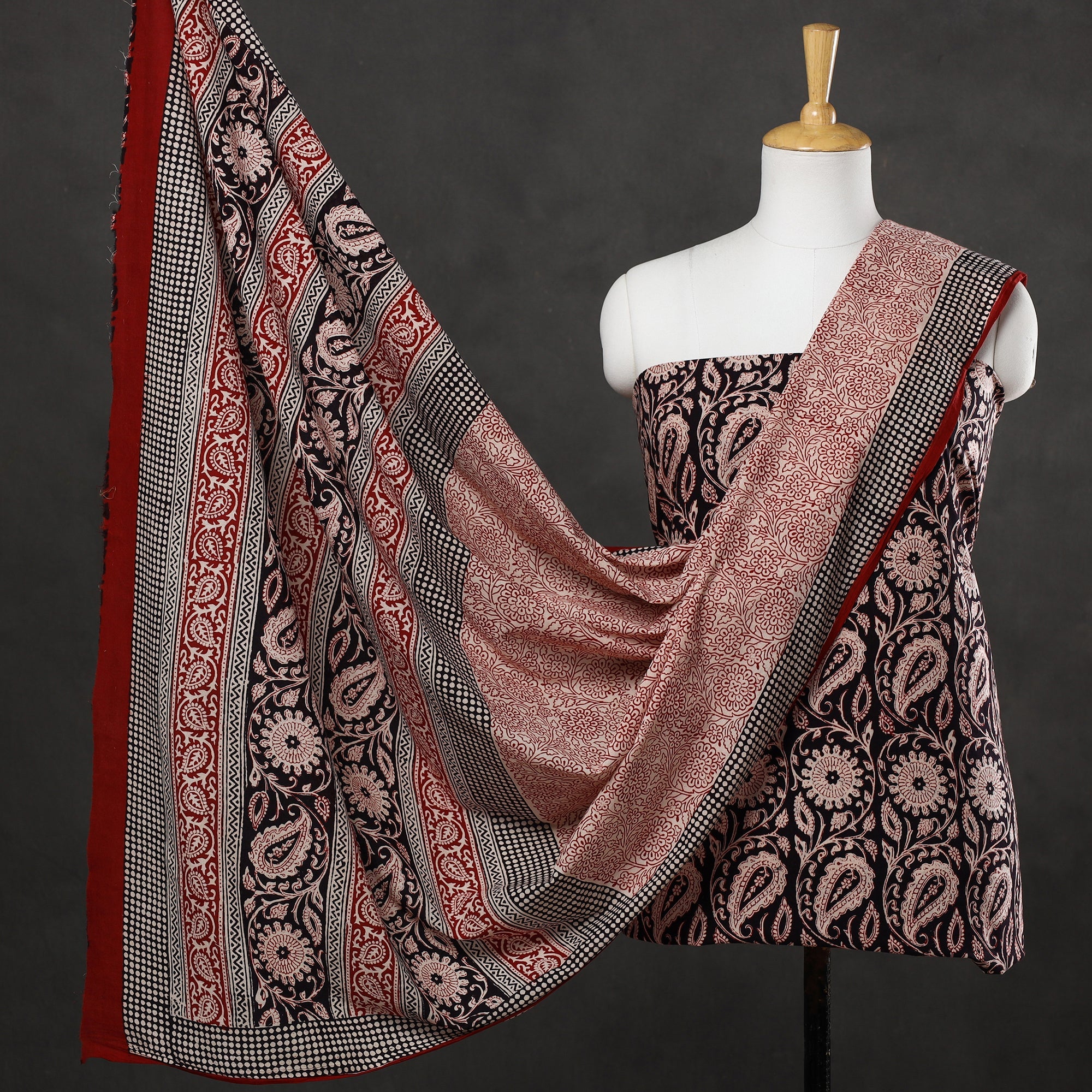 BAGH PRINTS BY UMAR FARUK KHATRI Black - 3pc Bagh Print Cotton Dress Material Set