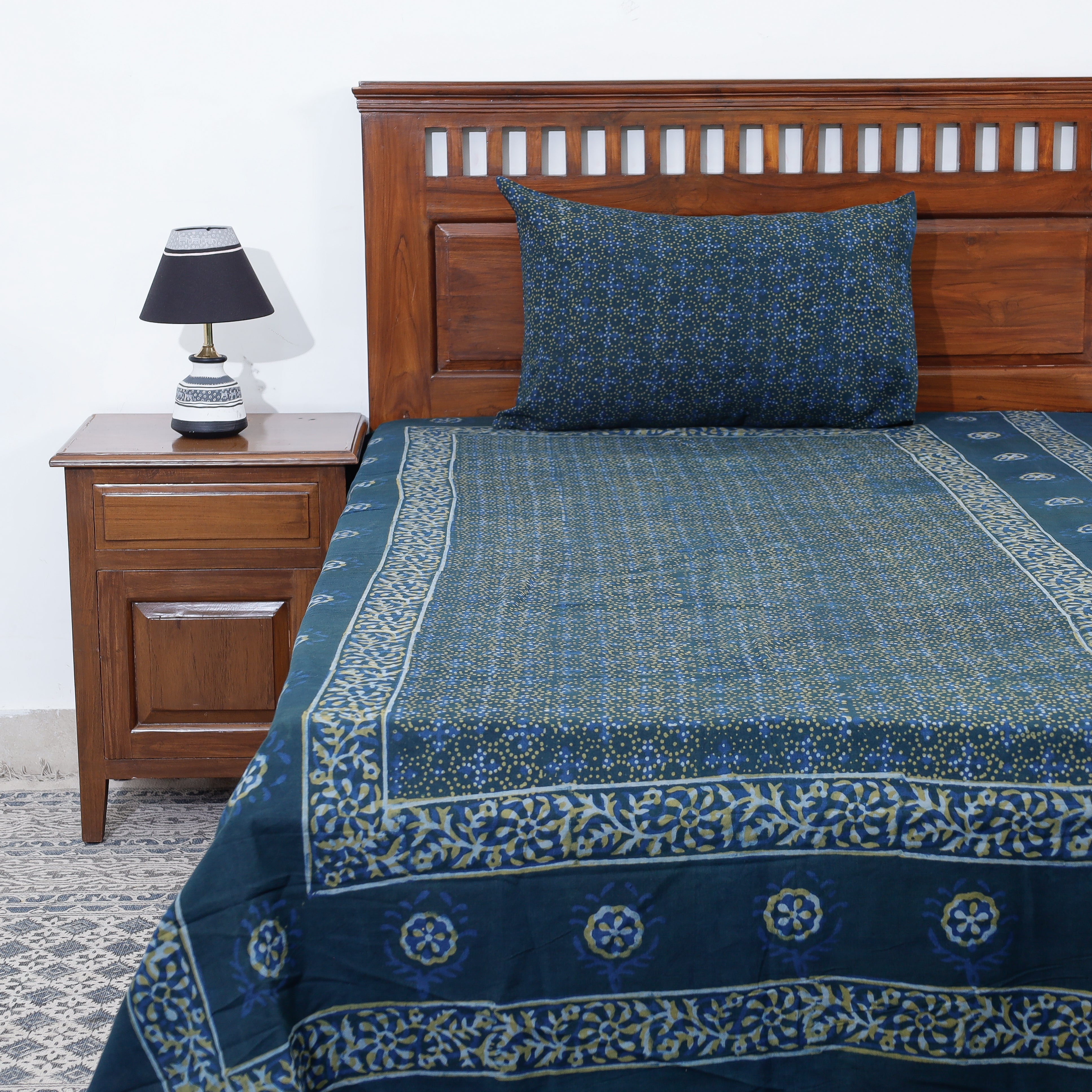AHA VASTRA HANDLOOM Blue - Akola Block Printing Jhiri Handloom Cotton Single Bed Cover (97 x 59 in)