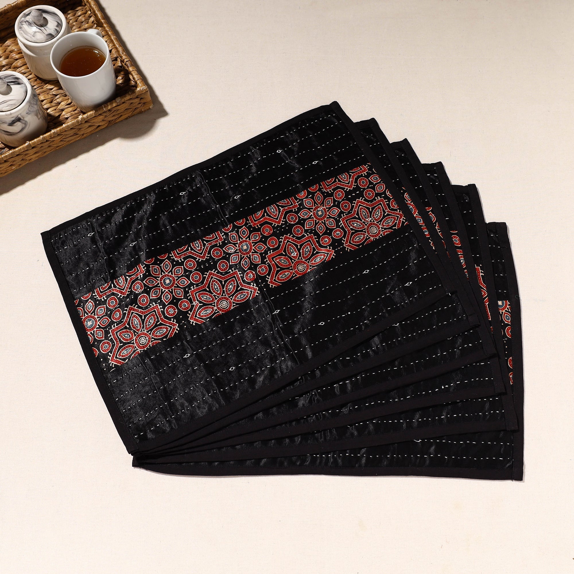 KACHCHH JI CHHAAP Black - Kutch Tagai Embroidered Mashru Silk Table Mats (SO6) 30