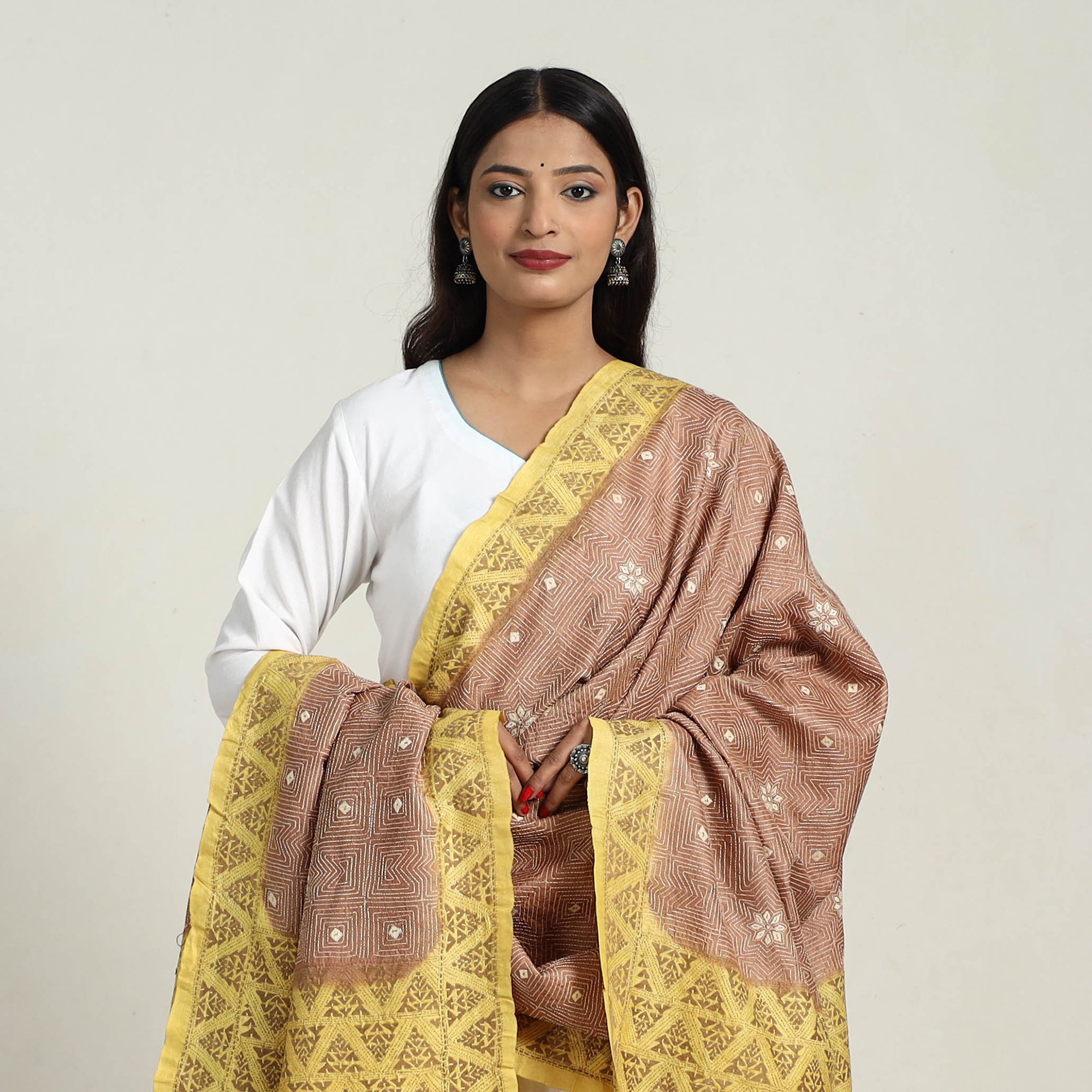 KHUSHBASH - HAPPY LOOM OF EAST Brown - Handloom Tussar Silk Bengal Kantha Embroidery Dupatta 10