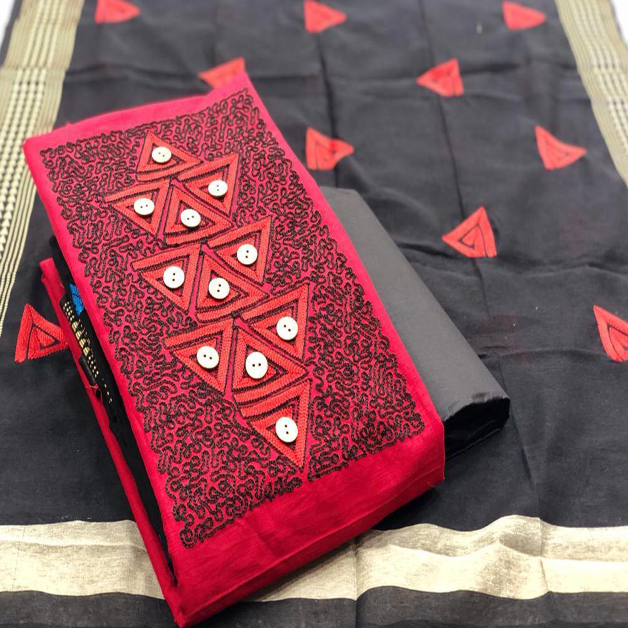 Peachmode Intricate Red Coloured Casual Wear Embroidered Cotton Dress Material