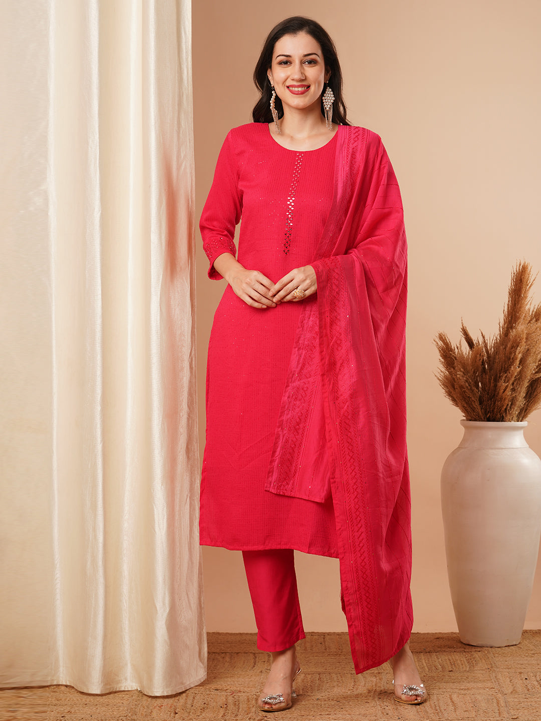 FASHOR Solid Mirror Embroidered Straight Fit Kurta with Pant & Dupatta - Pink - view 3