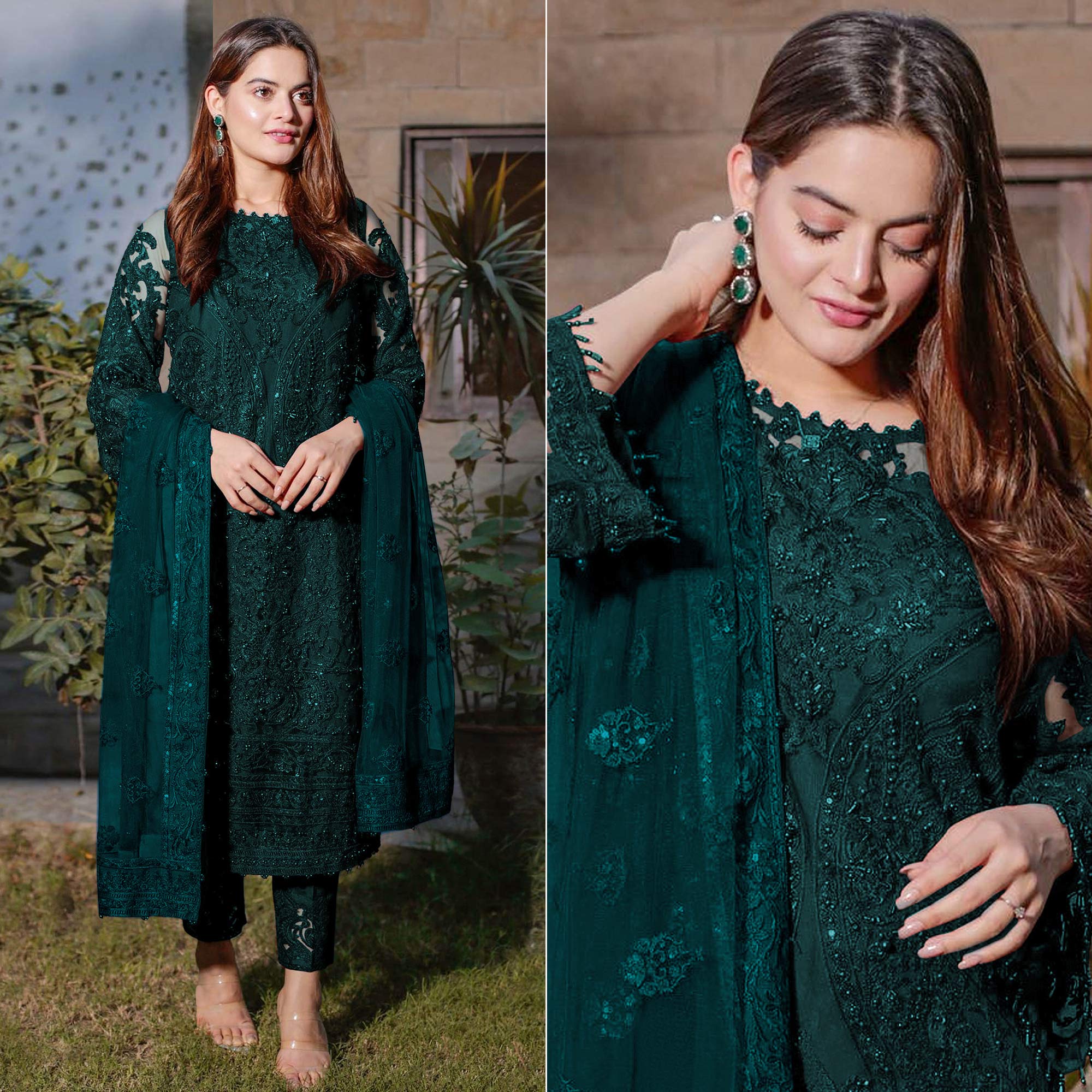 Peachmode Dark Green Embroidered Georgette Semi Stitched Pakistani Dress Material
