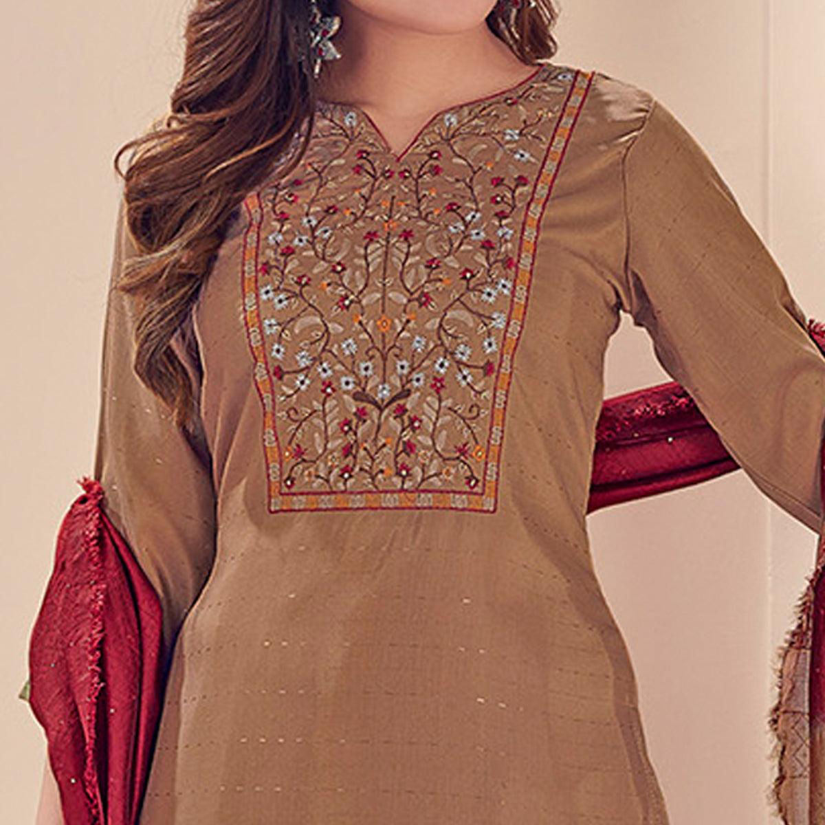 Peachmode Seller Brown Embroidered With Embellished Chiffon Kurti Pant Set With Dupatta - view 3