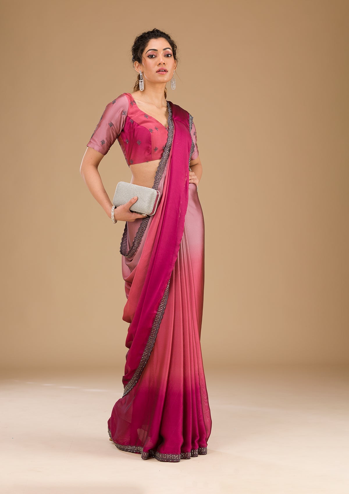 Koskii Pink Stonework Satin Saree – Women's