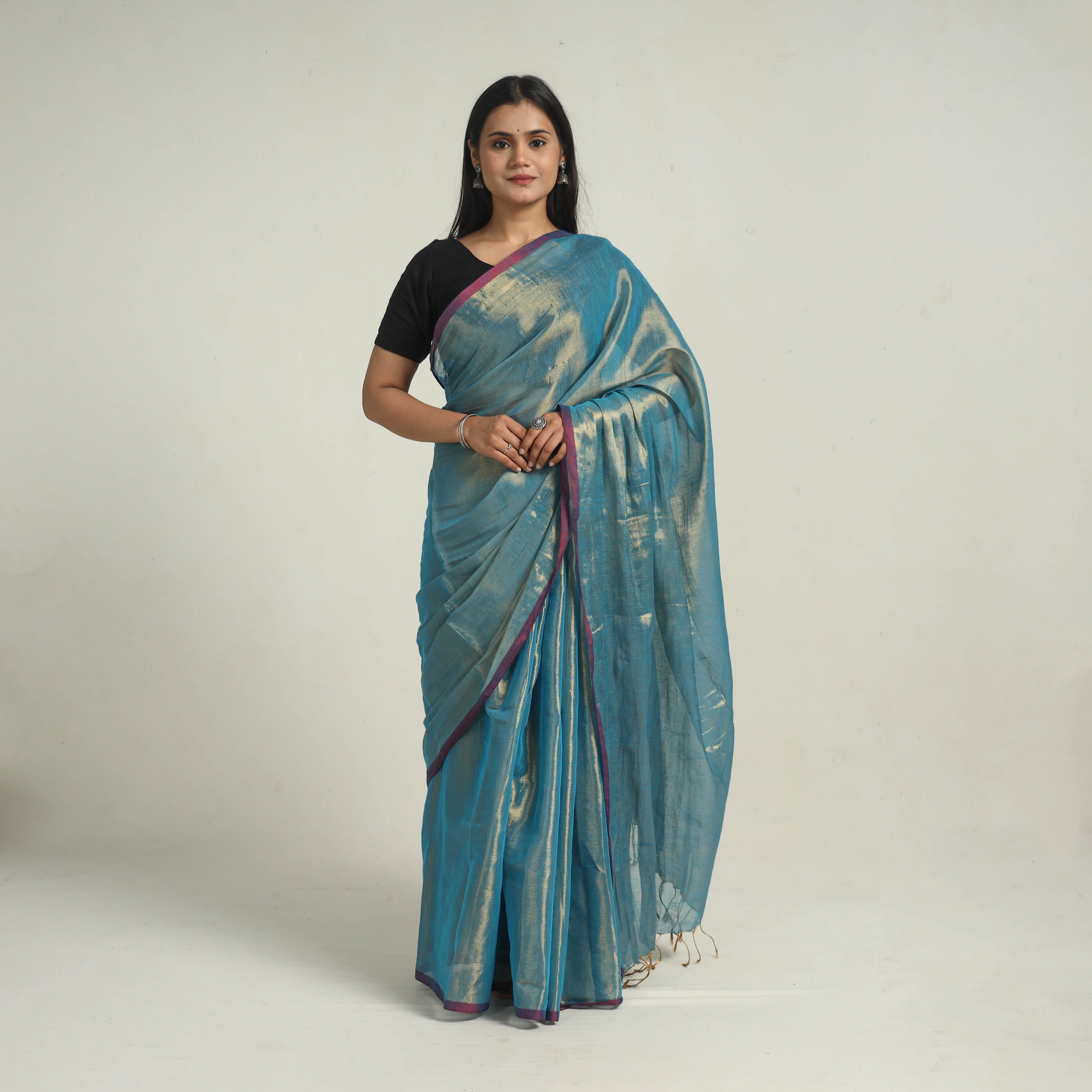 KHUSHBASH - HAPPY LOOM OF EAST Blue - Bengal Fine Tissue Zari Saree 01
