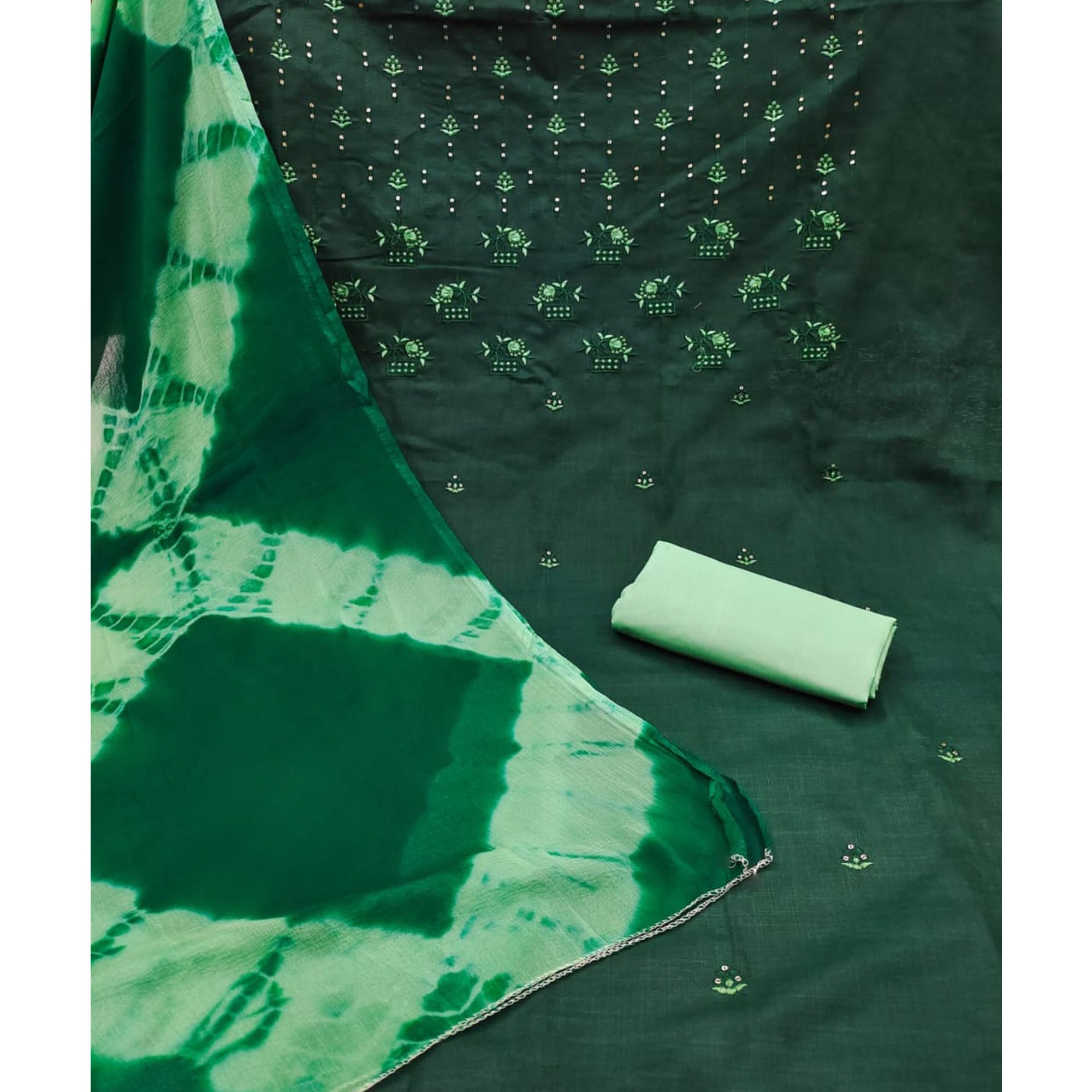Peachmode Bottle Green Floral Sequins Embroidered Cotton Blend Dress Material - view 3
