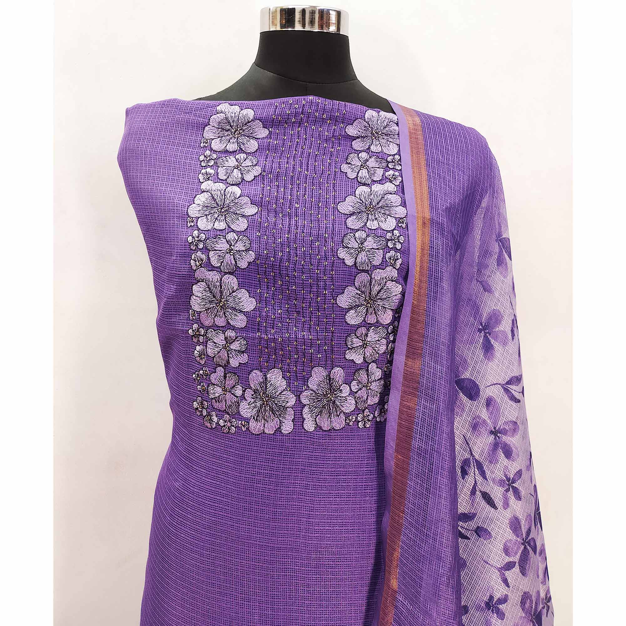 Peachmode Lavender Floral Embroidered Kota Doria Dress Material - view 4