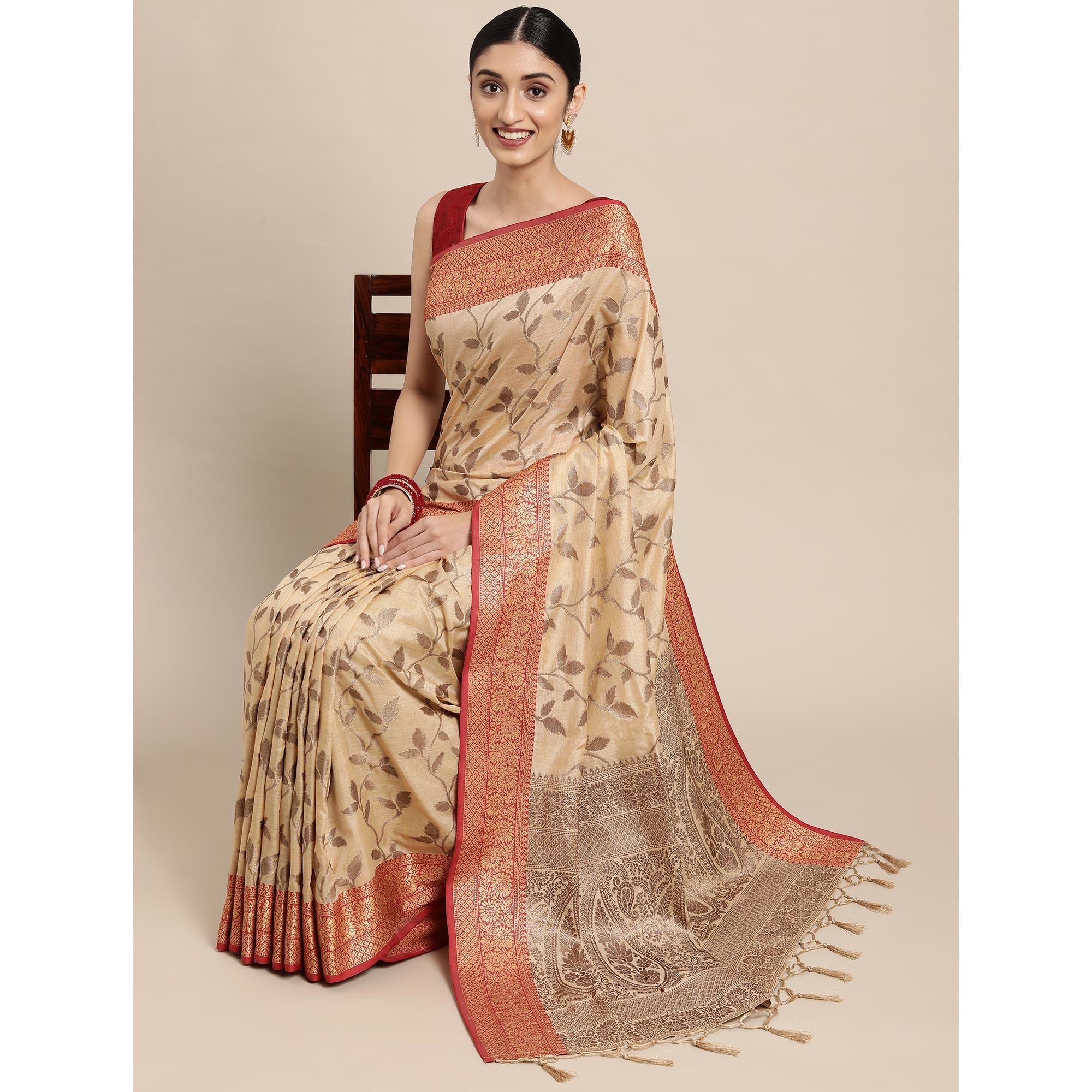 Peachmode Chikoo Woven Cotton Silk Saree With Tassels - view 4