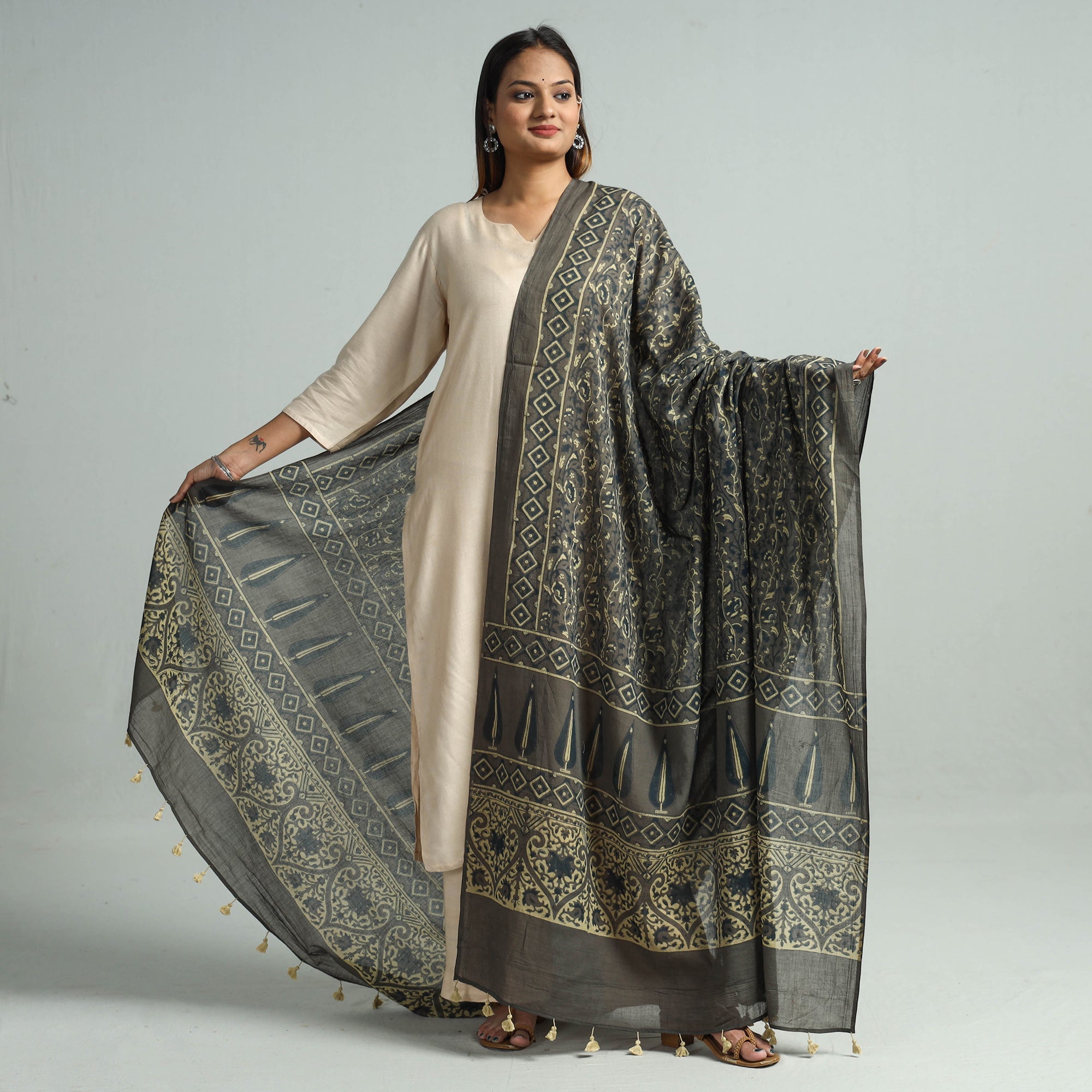 AJRAKH BY SUFIYAN ISMAIL KHATRI Brown - Hand Block Printed Cotton Ajrakh Dupatta 42