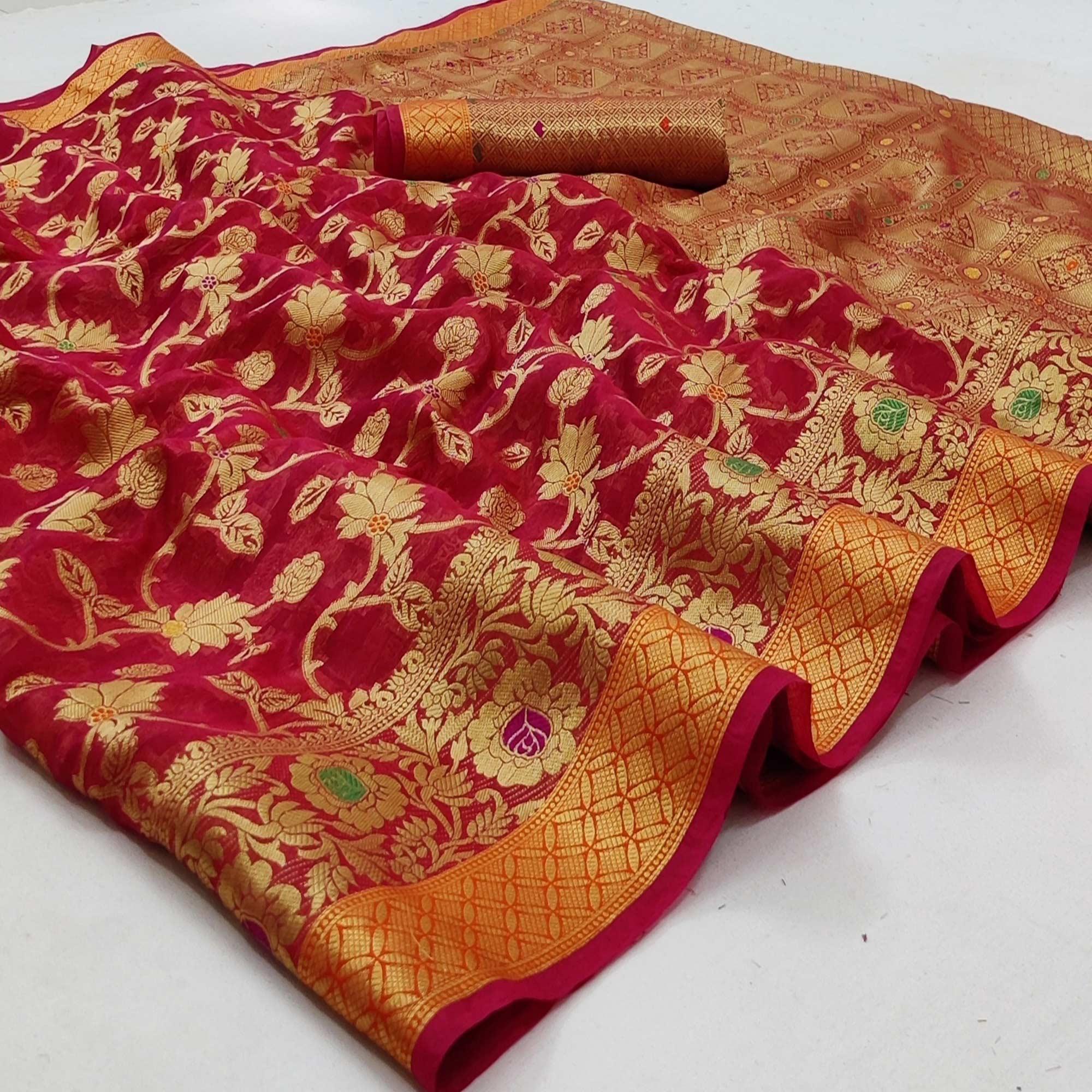 Peachmode Dark Pink Festive Wear Floral Woven Organza Saree