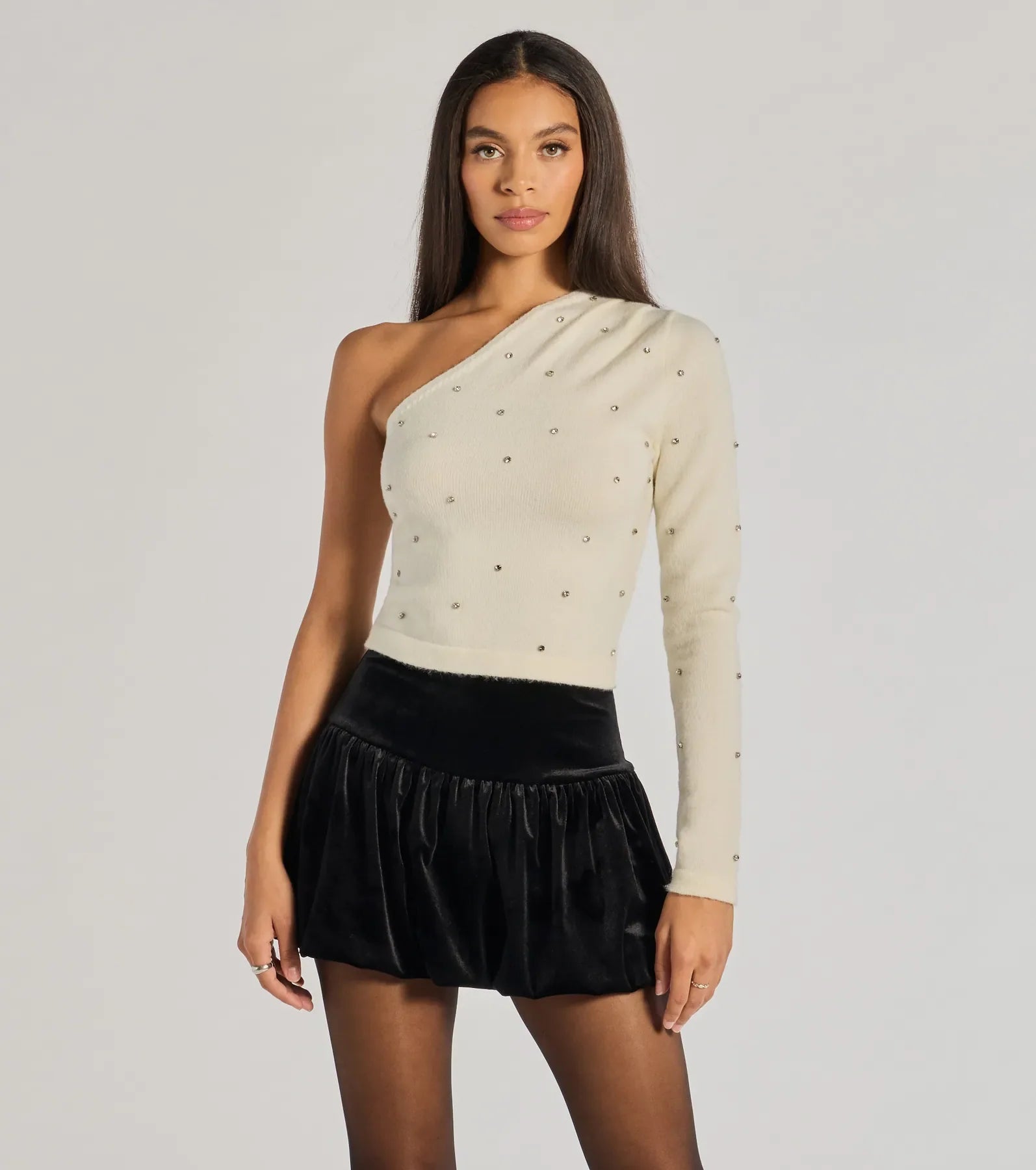 Windsor All That Glam Rhinestone One-Shoulder Top