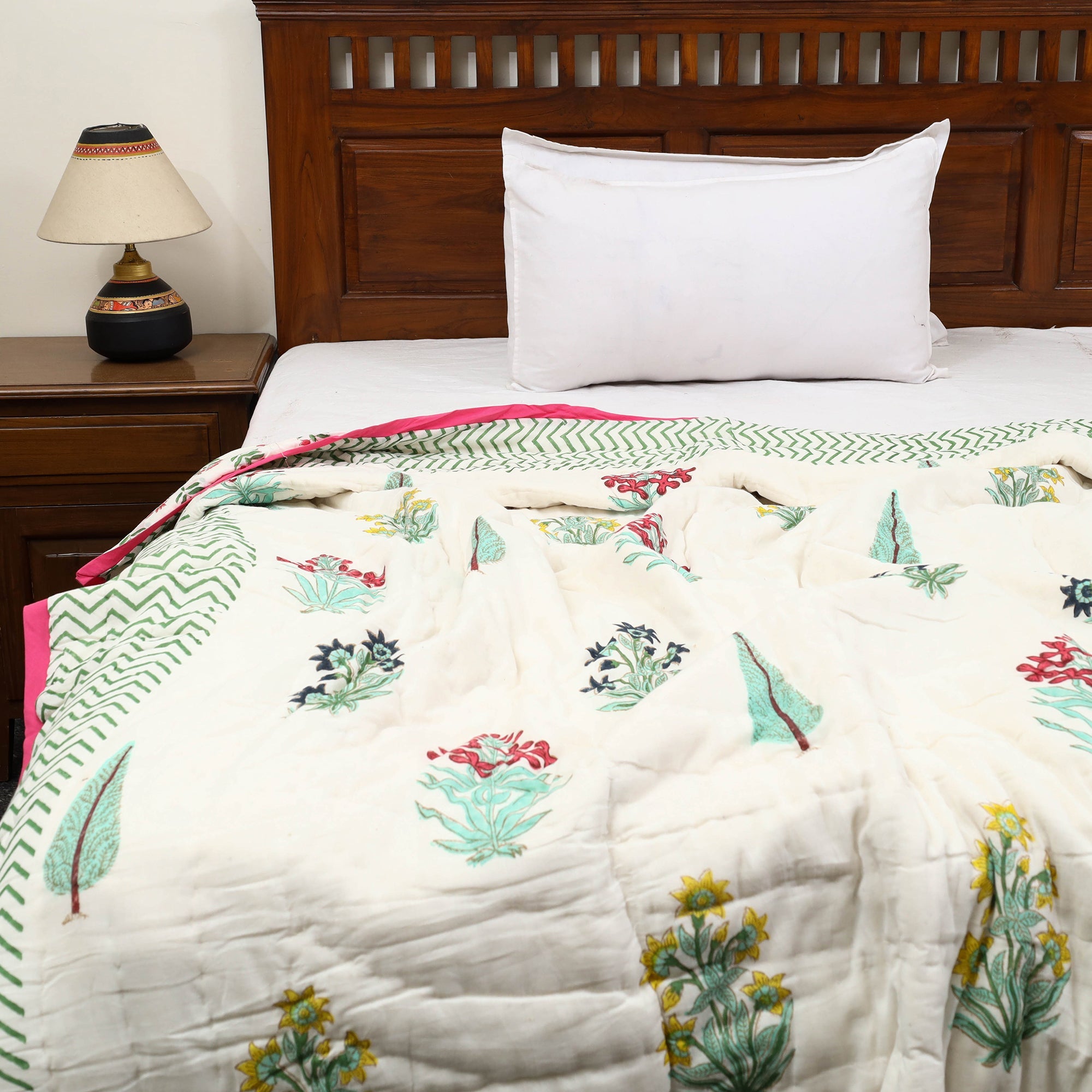 ARTISAN HAND BLOCK PRINTS Beige - Sanganeri Reversible Single Soft Cotton Quilt/Blanket 01 - view 3