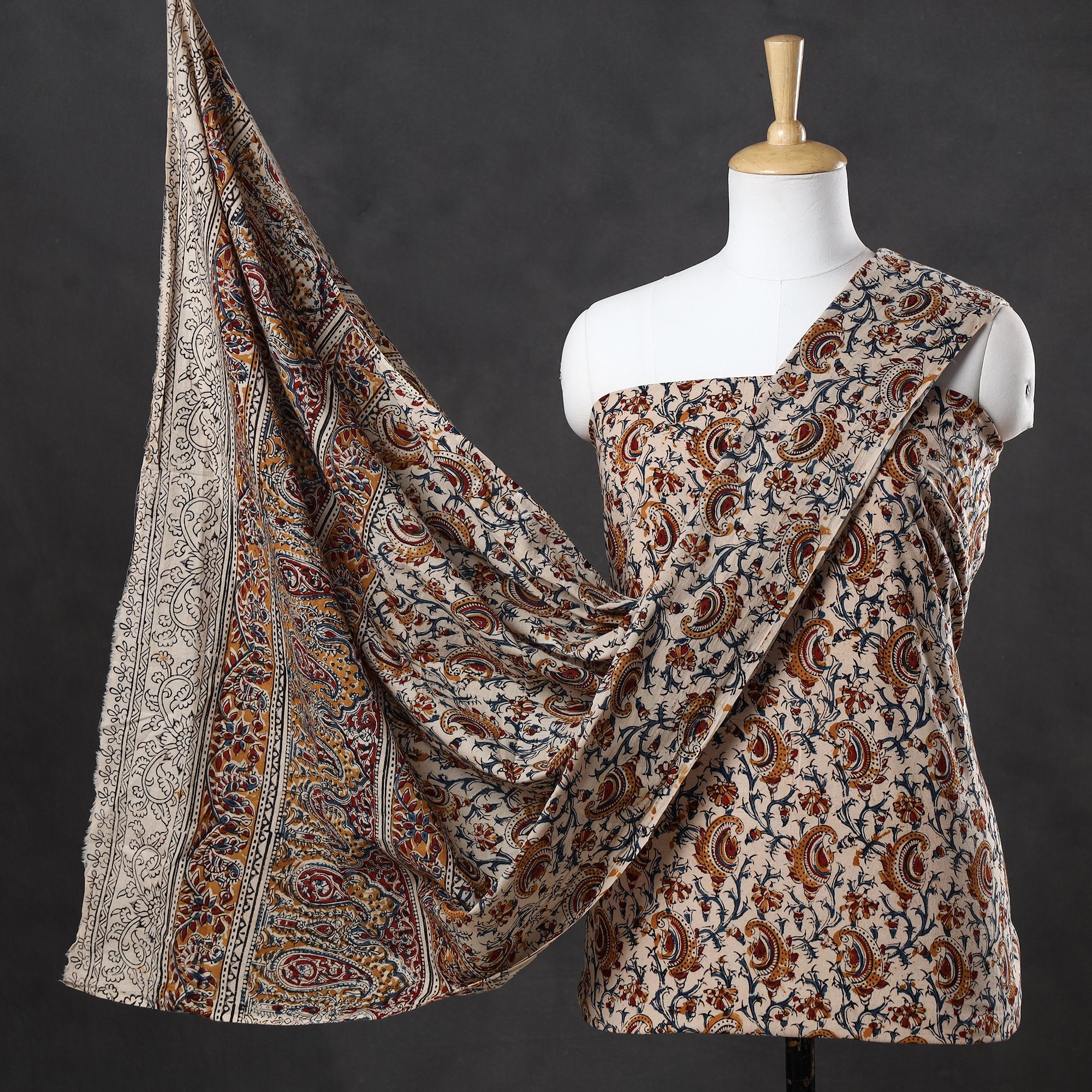 VENKATA BHANU KALAMKARI PEDANA Beige - 2pc Pedana Kalamkari Block Printed Cotton Suit Material Set 121