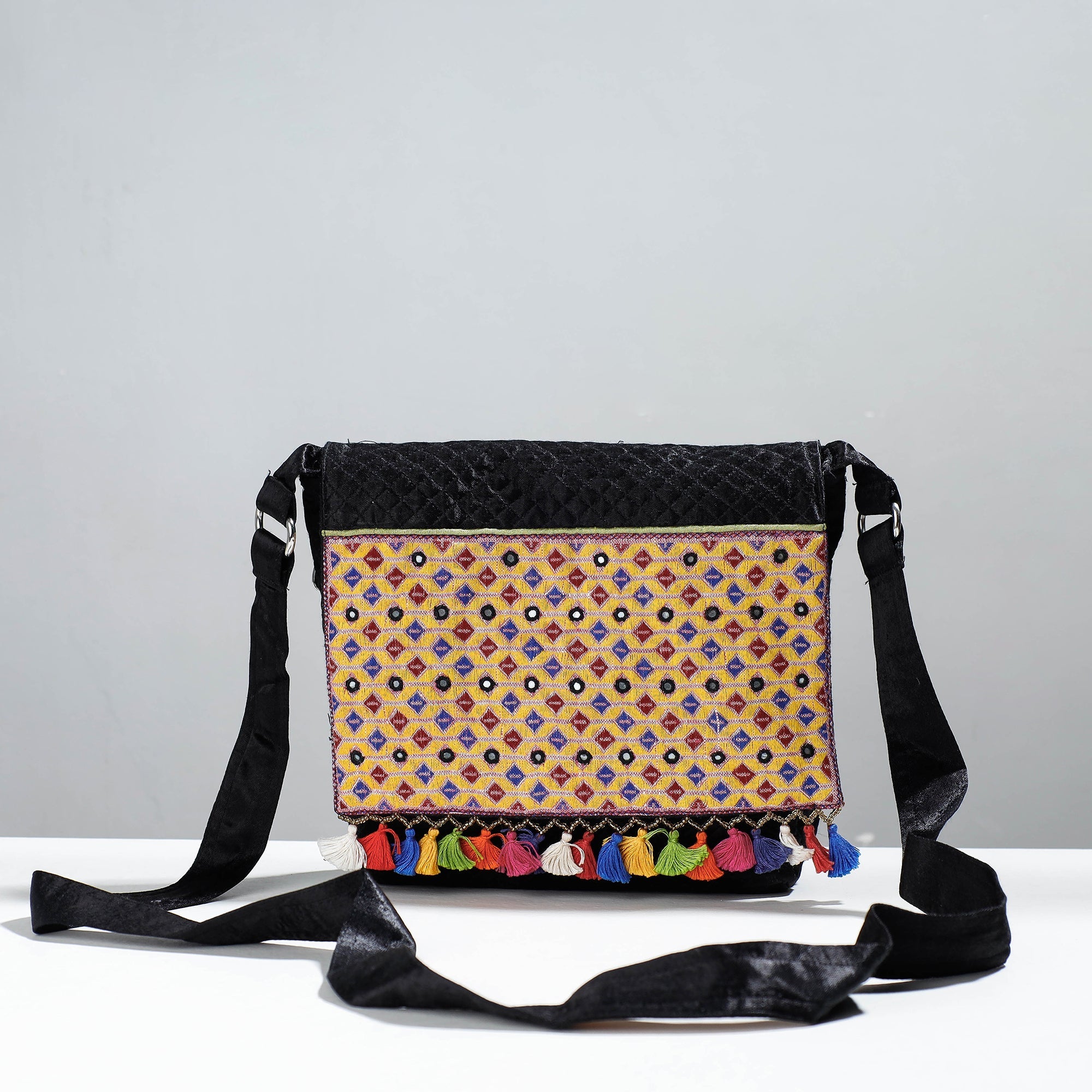 KACHCHH JI CHHAAP Black - Soof Stitch Embroidery Pure Handloom Mashru Silk Sling Flap Bag - view 2