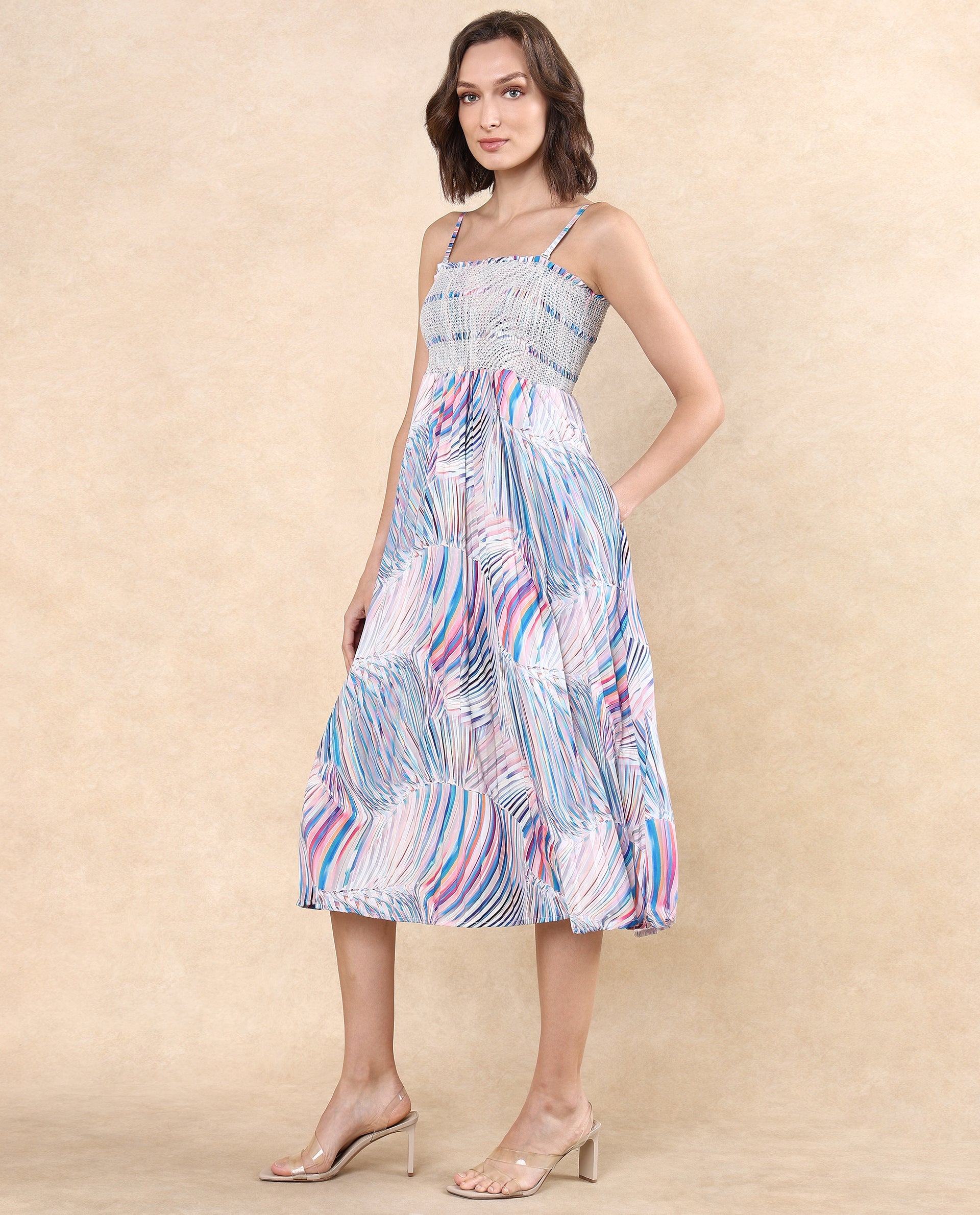 Rareism Women Shanks Multi Polyester Fabric Sleeveless Tube Neck Fit And Flare Midi Abstract Print Dress - view 5